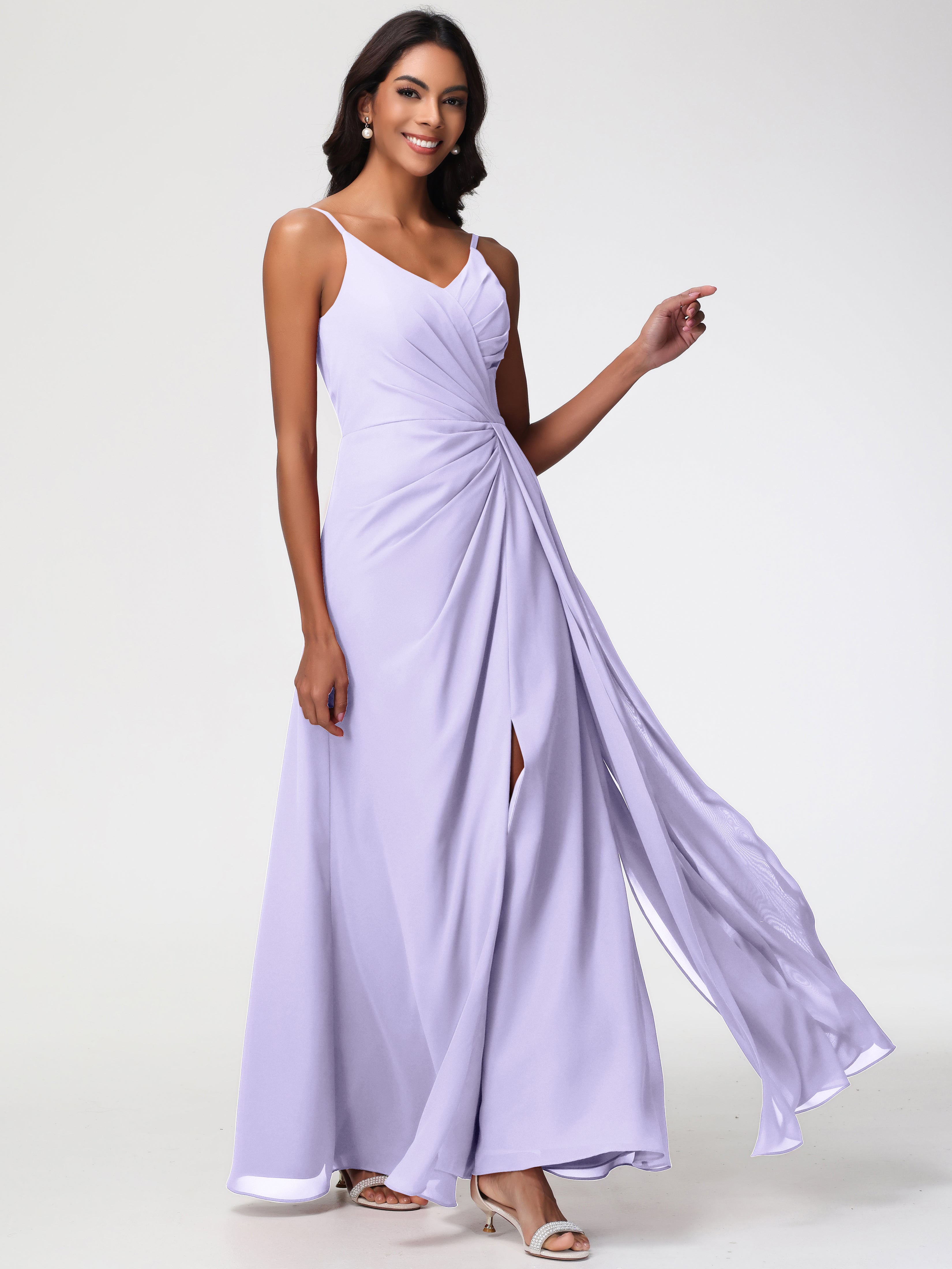 A-Line V-Neck Sleeveless Spaghetti Straps Pleats Chiffon Bridesmaid Dresses With Split