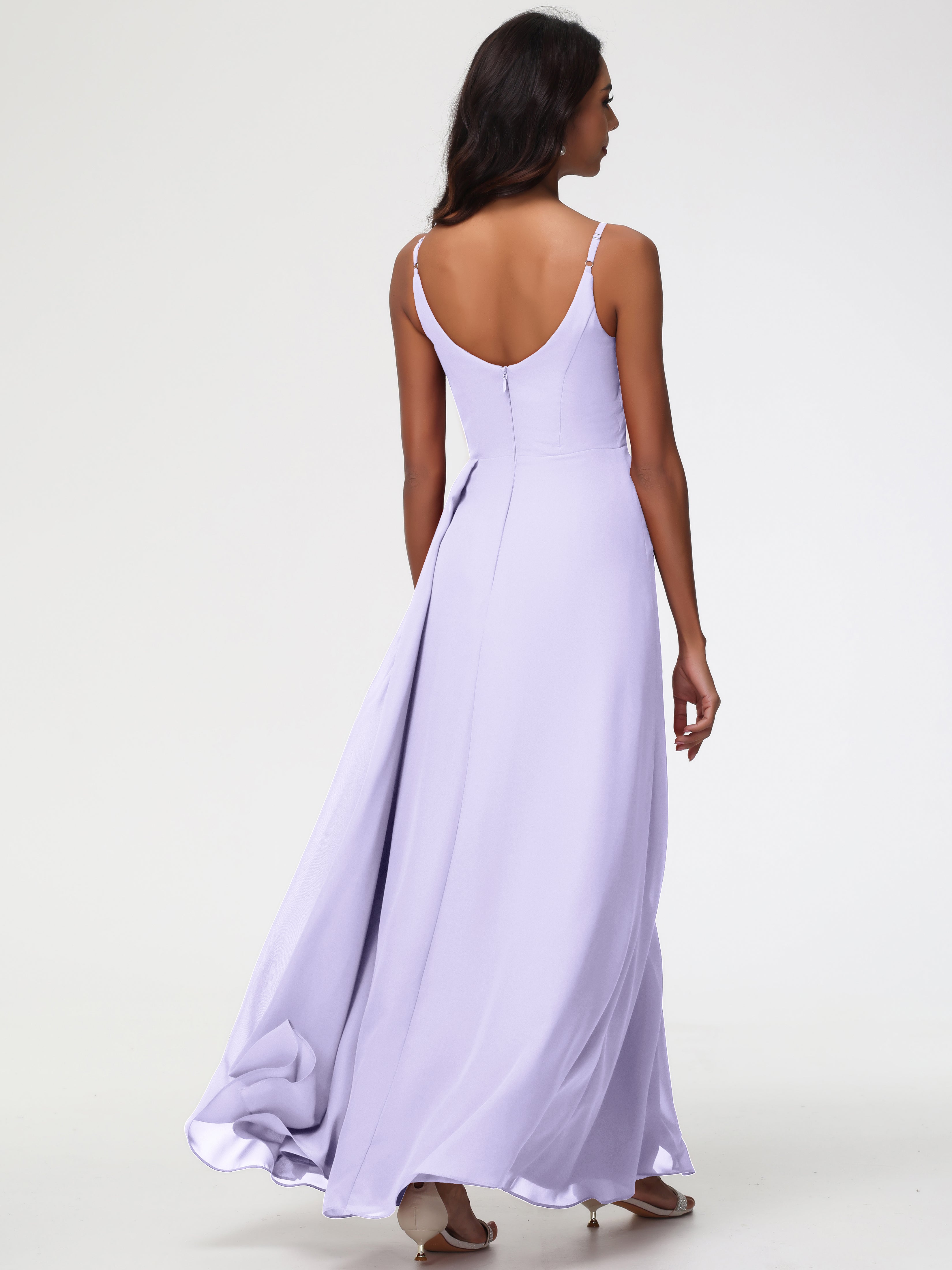 A-Line V-Neck Sleeveless Spaghetti Straps Pleats Chiffon Bridesmaid Dresses With Split