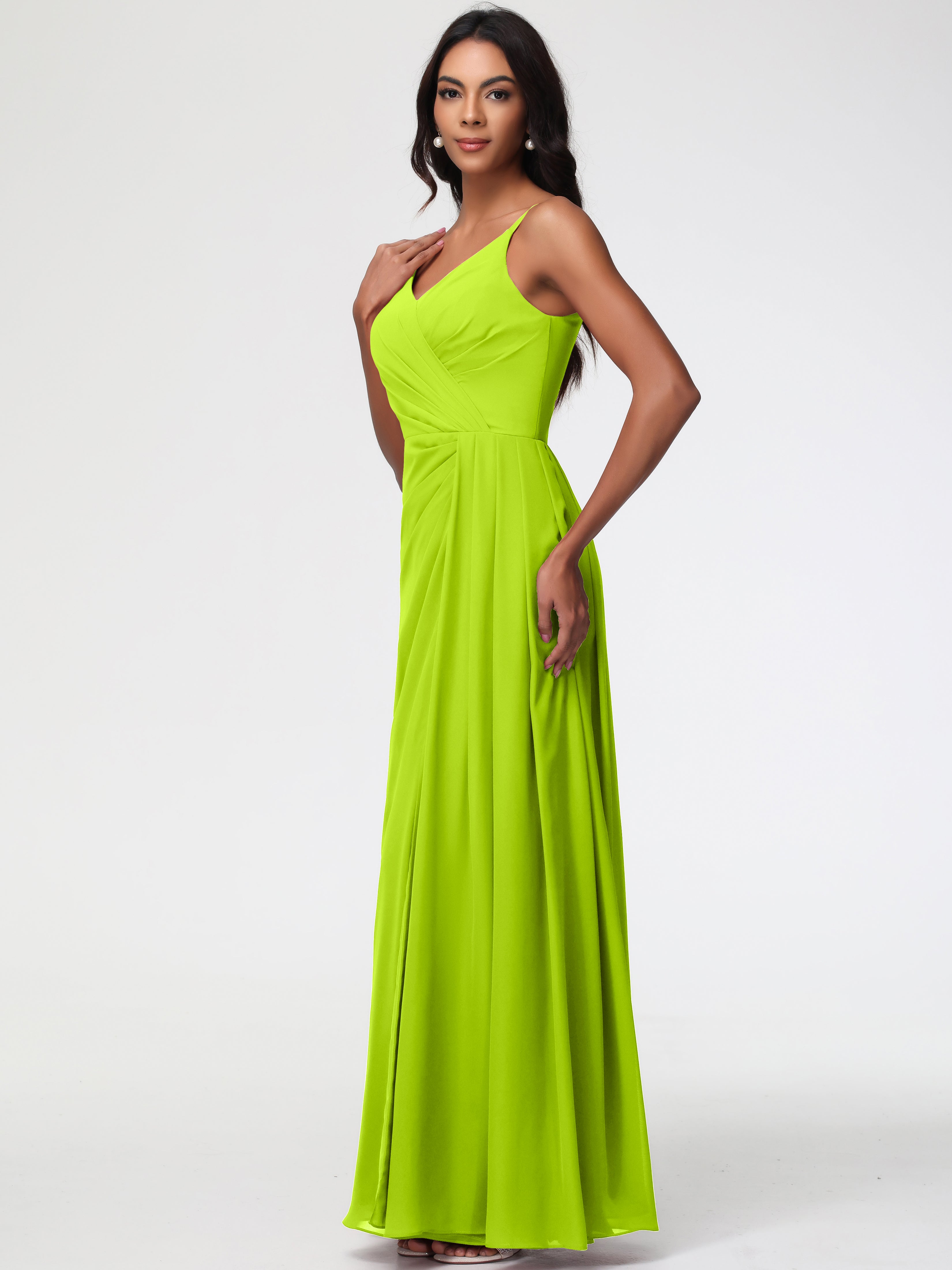 A-Line V-Neck Sleeveless Spaghetti Straps Pleats Chiffon Bridesmaid Dresses With Split