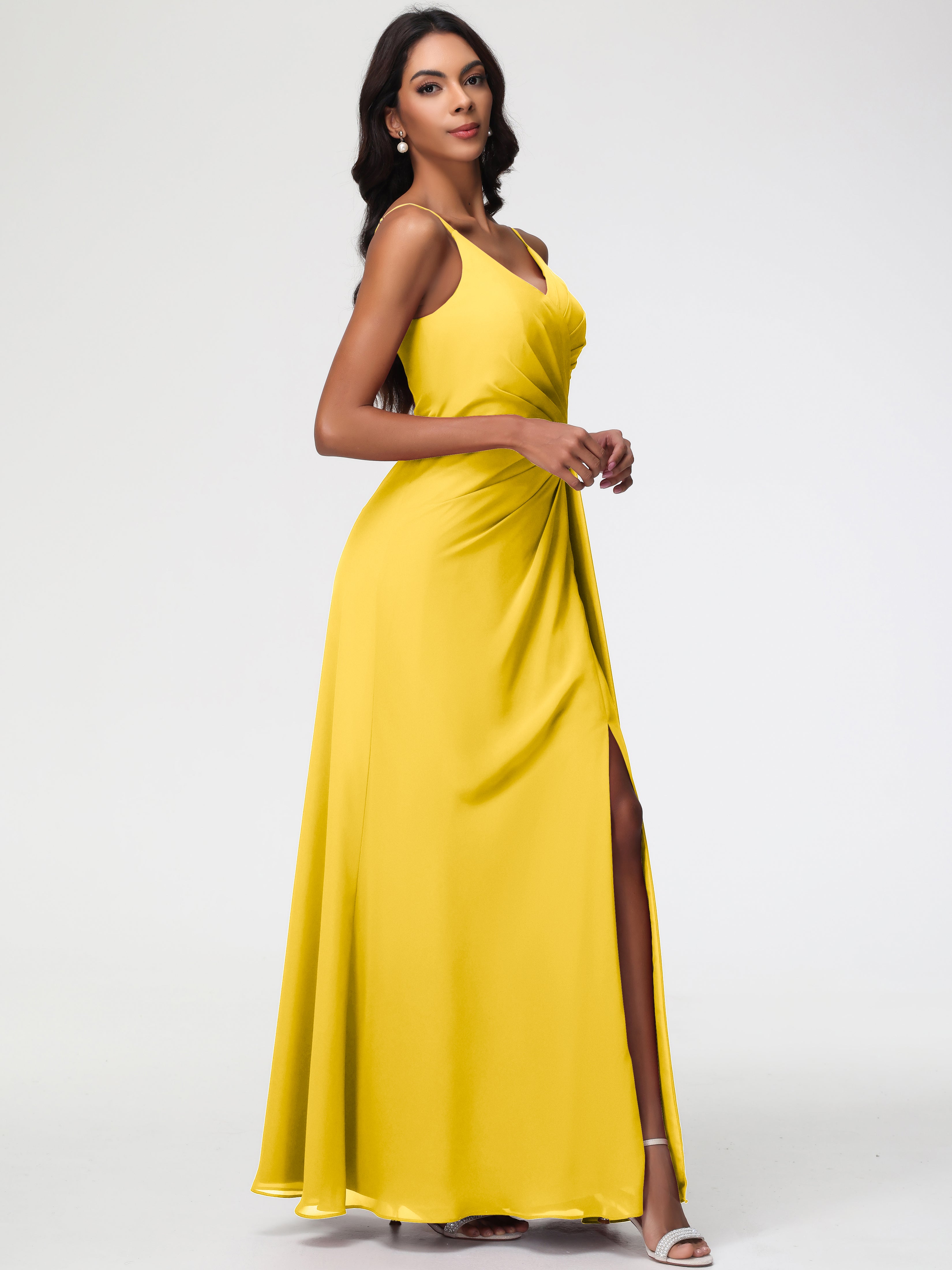 A-Line V-Neck Sleeveless Spaghetti Straps Pleats Chiffon Bridesmaid Dresses With Split