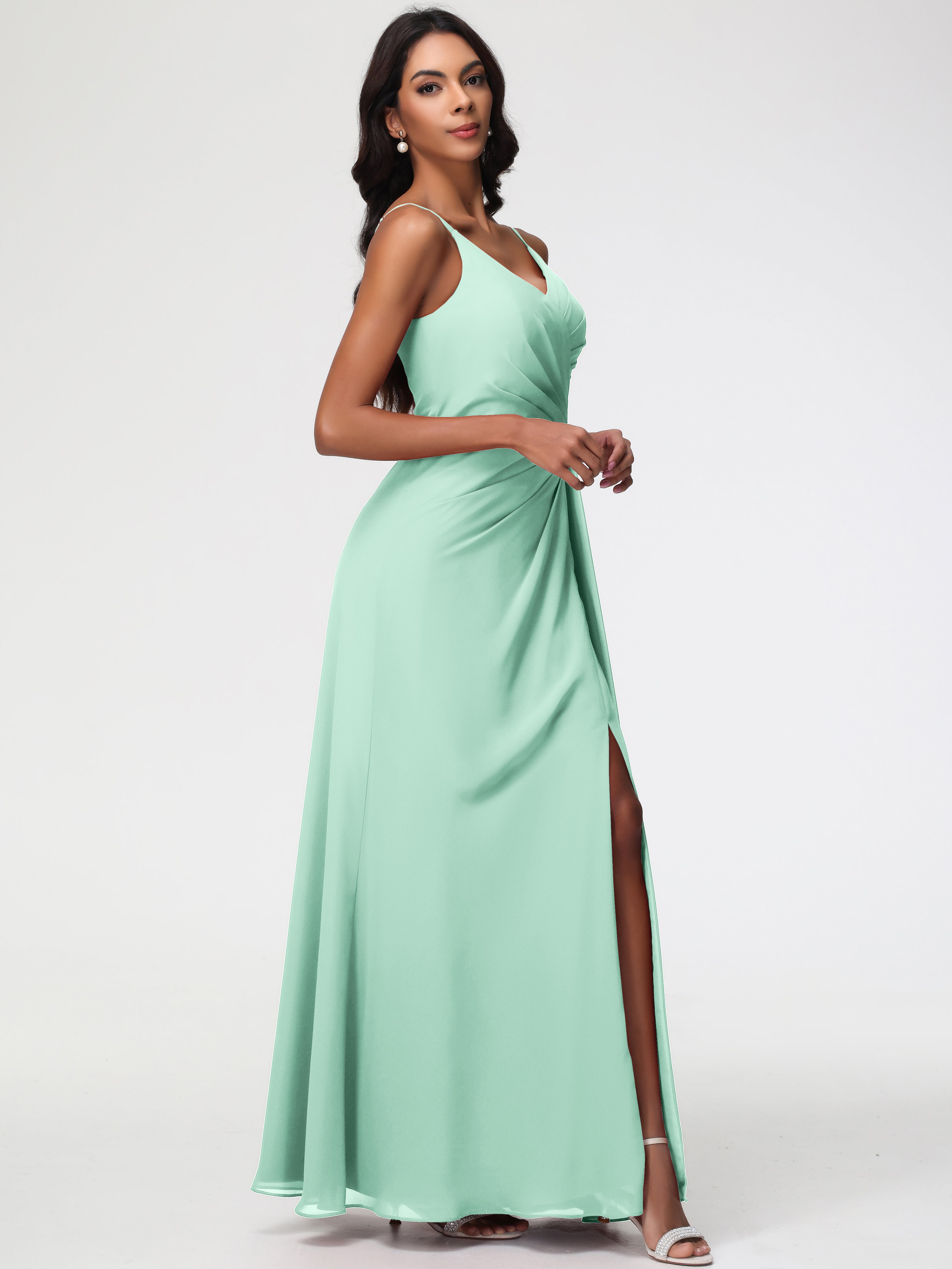 A-Line V-Neck Sleeveless Spaghetti Straps Pleats Chiffon Bridesmaid Dresses With Split