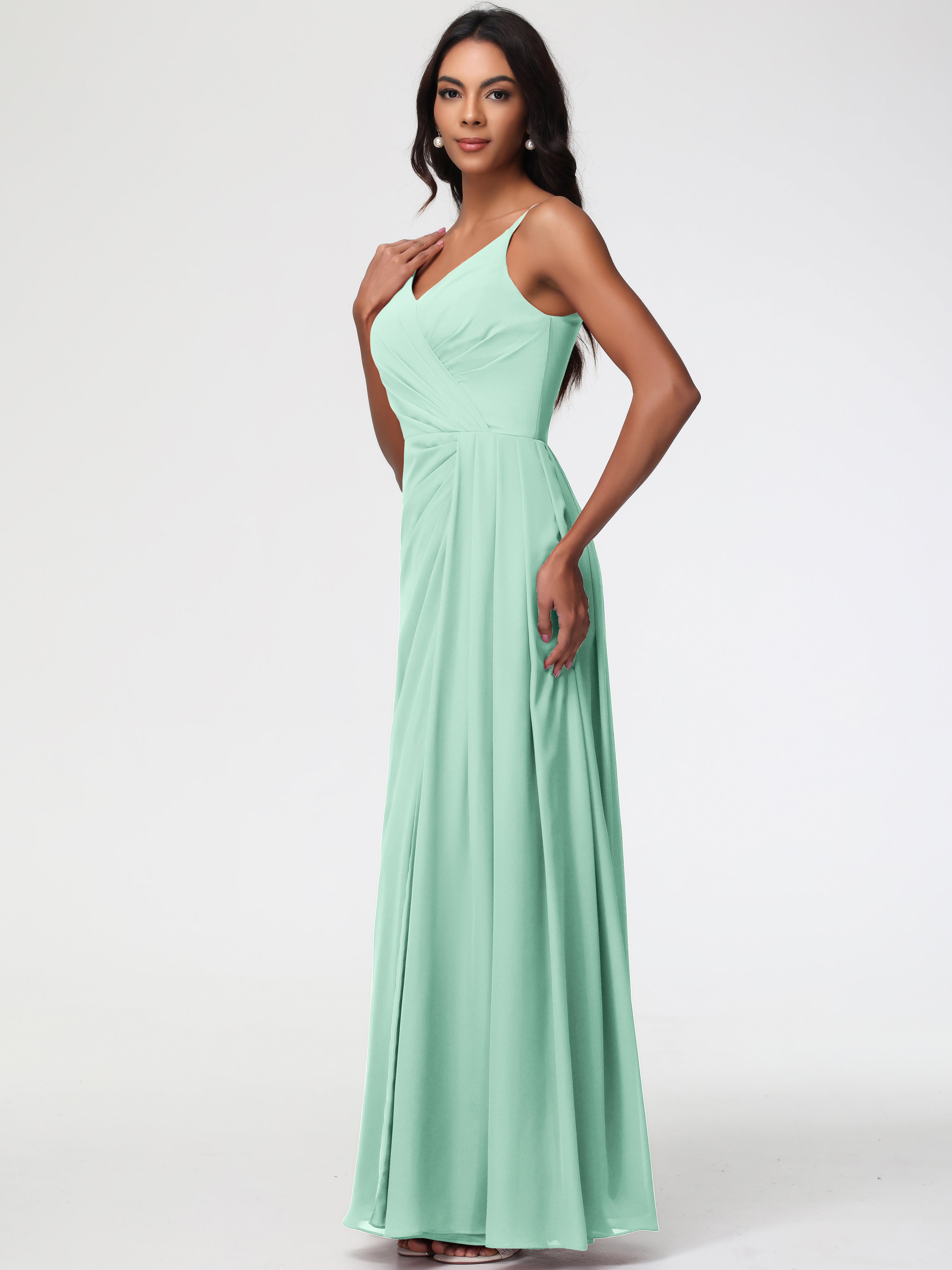 A-Line V-Neck Sleeveless Spaghetti Straps Pleats Chiffon Bridesmaid Dresses With Split