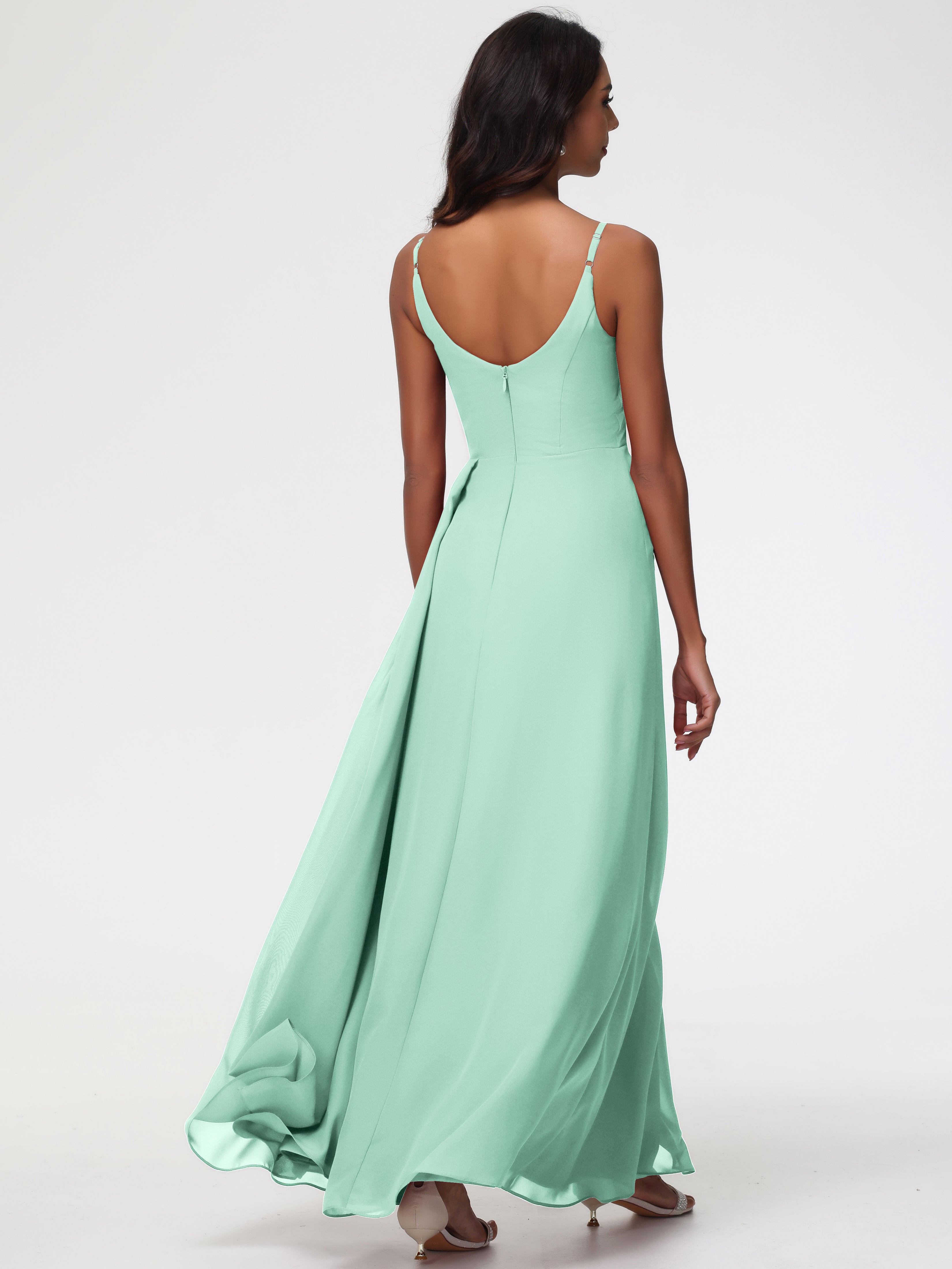 A-Line V-Neck Sleeveless Spaghetti Straps Pleats Chiffon Bridesmaid Dresses With Split