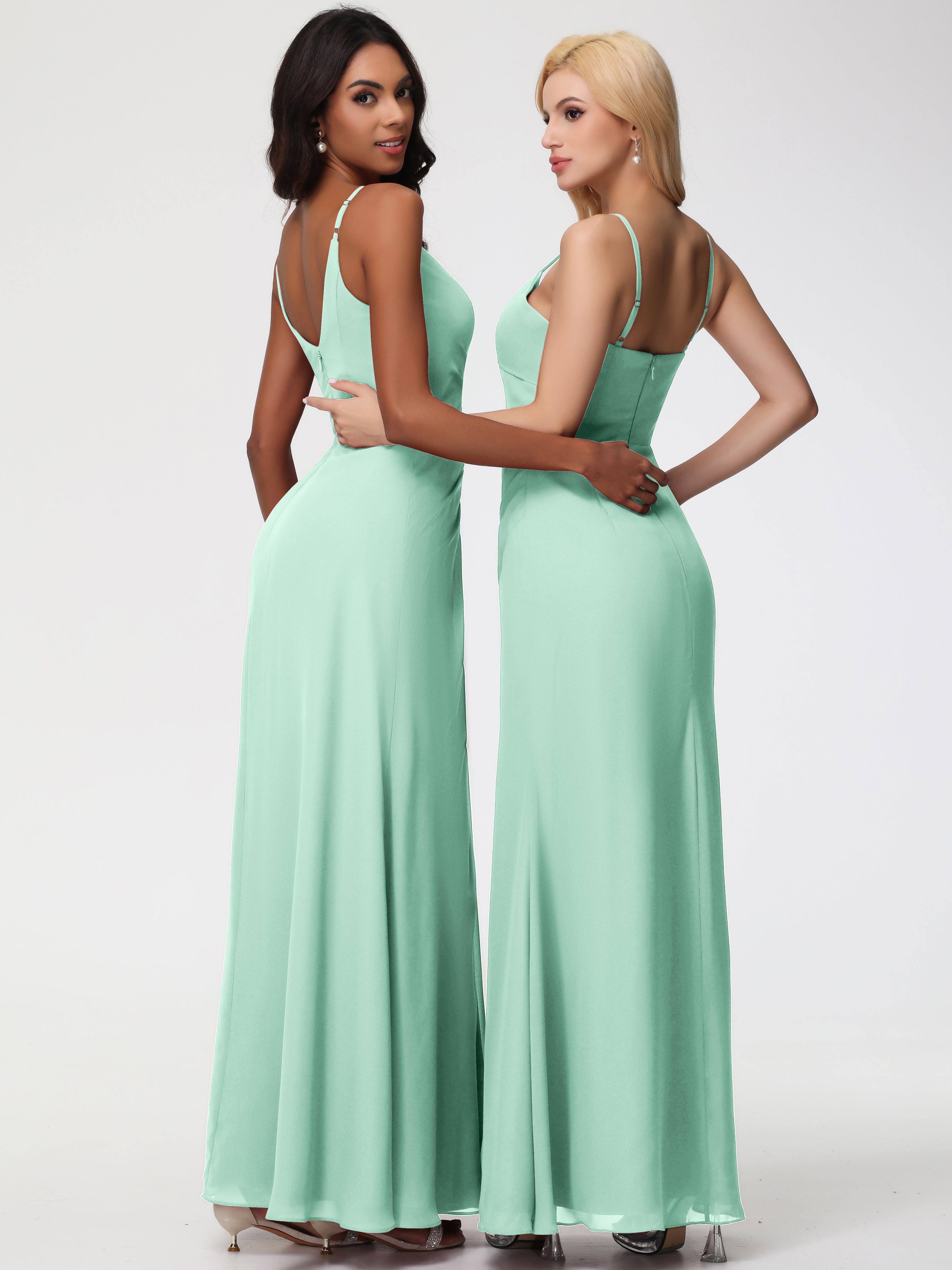 A-Line V-Neck Sleeveless Spaghetti Straps Pleats Chiffon Bridesmaid Dresses With Split