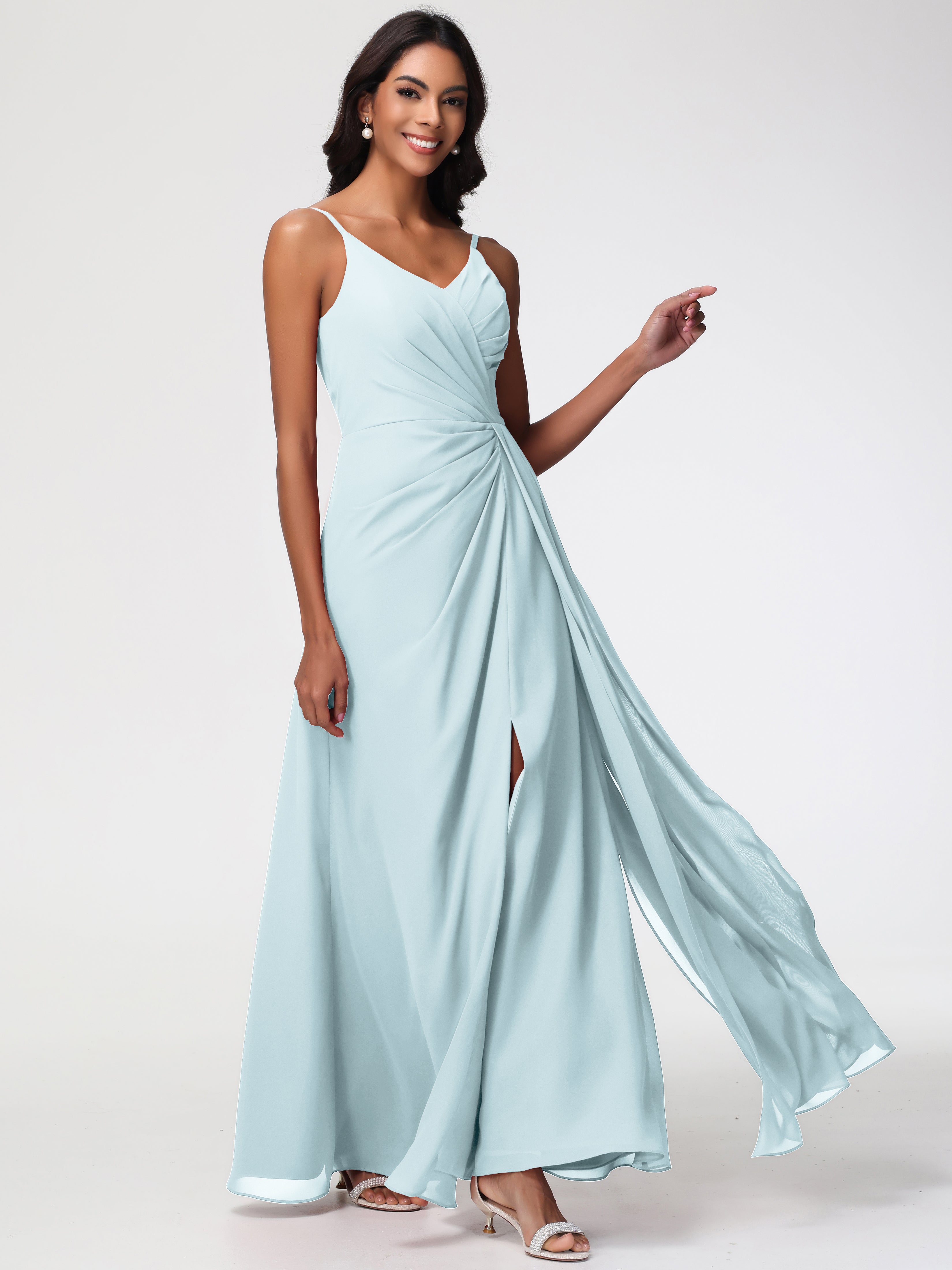 A-Line V-Neck Sleeveless Spaghetti Straps Pleats Chiffon Bridesmaid Dresses With Split