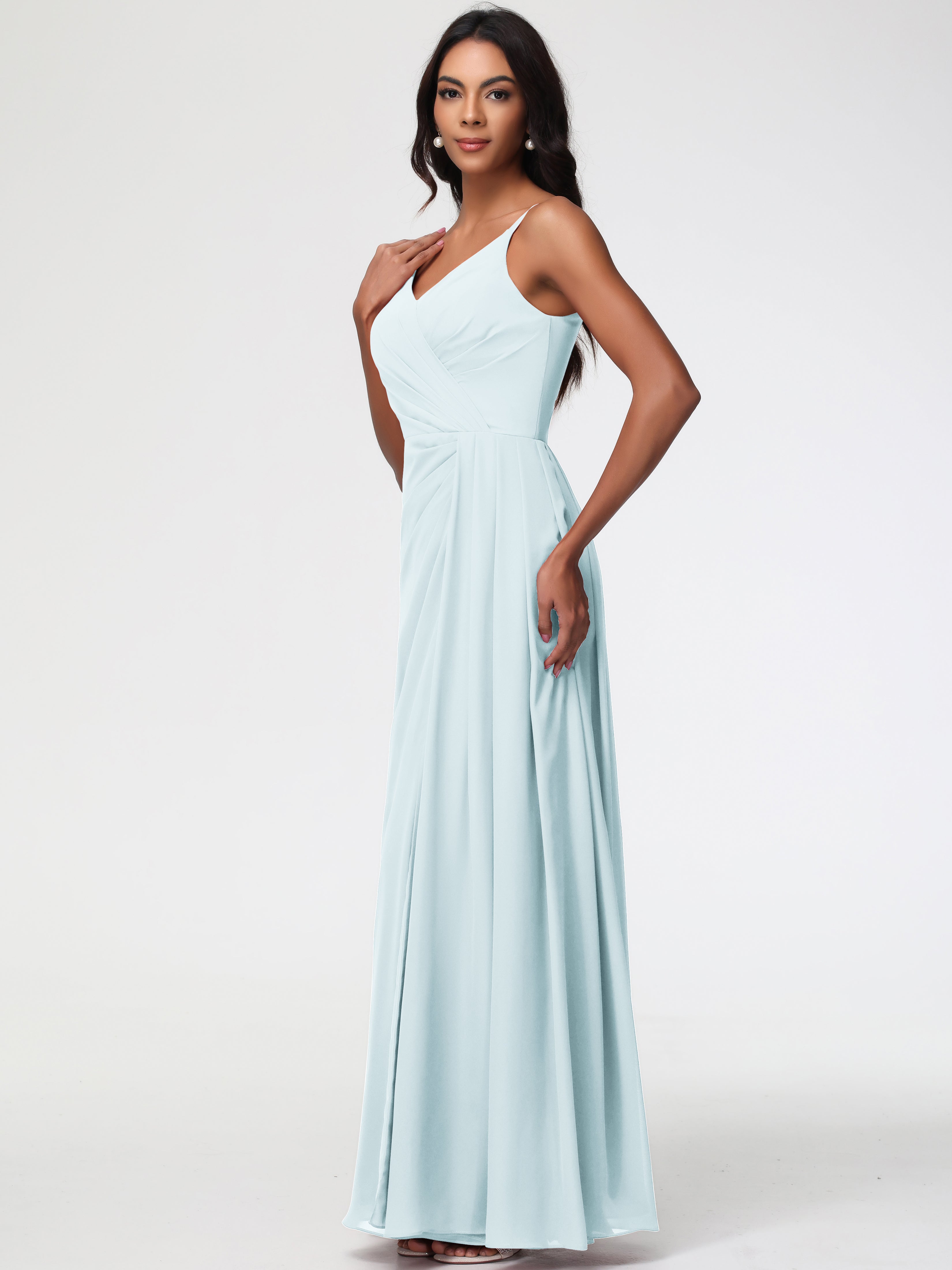A-Line V-Neck Sleeveless Spaghetti Straps Pleats Chiffon Bridesmaid Dresses With Split