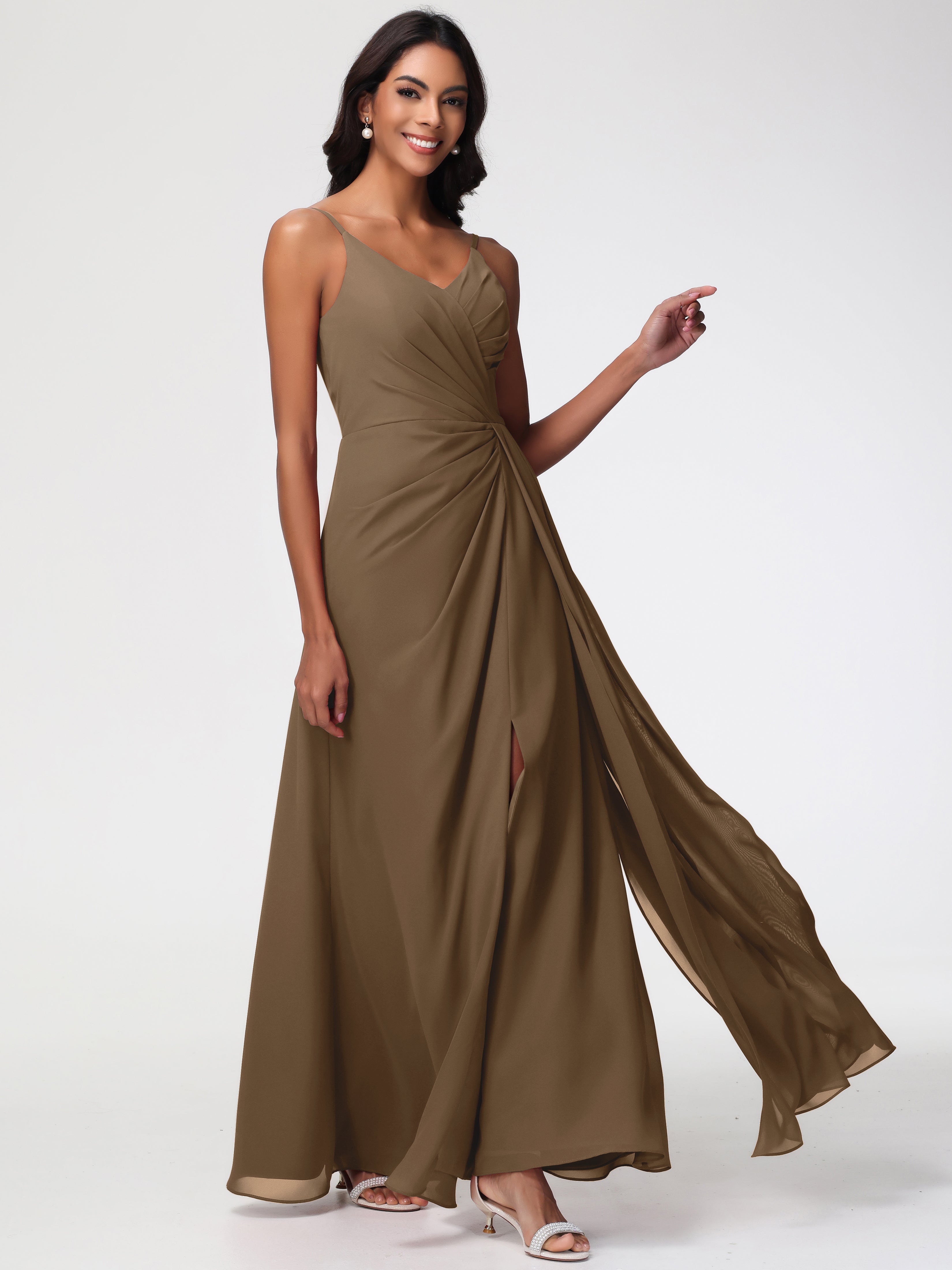 A-Line V-Neck Sleeveless Spaghetti Straps Pleats Chiffon Bridesmaid Dresses With Split
