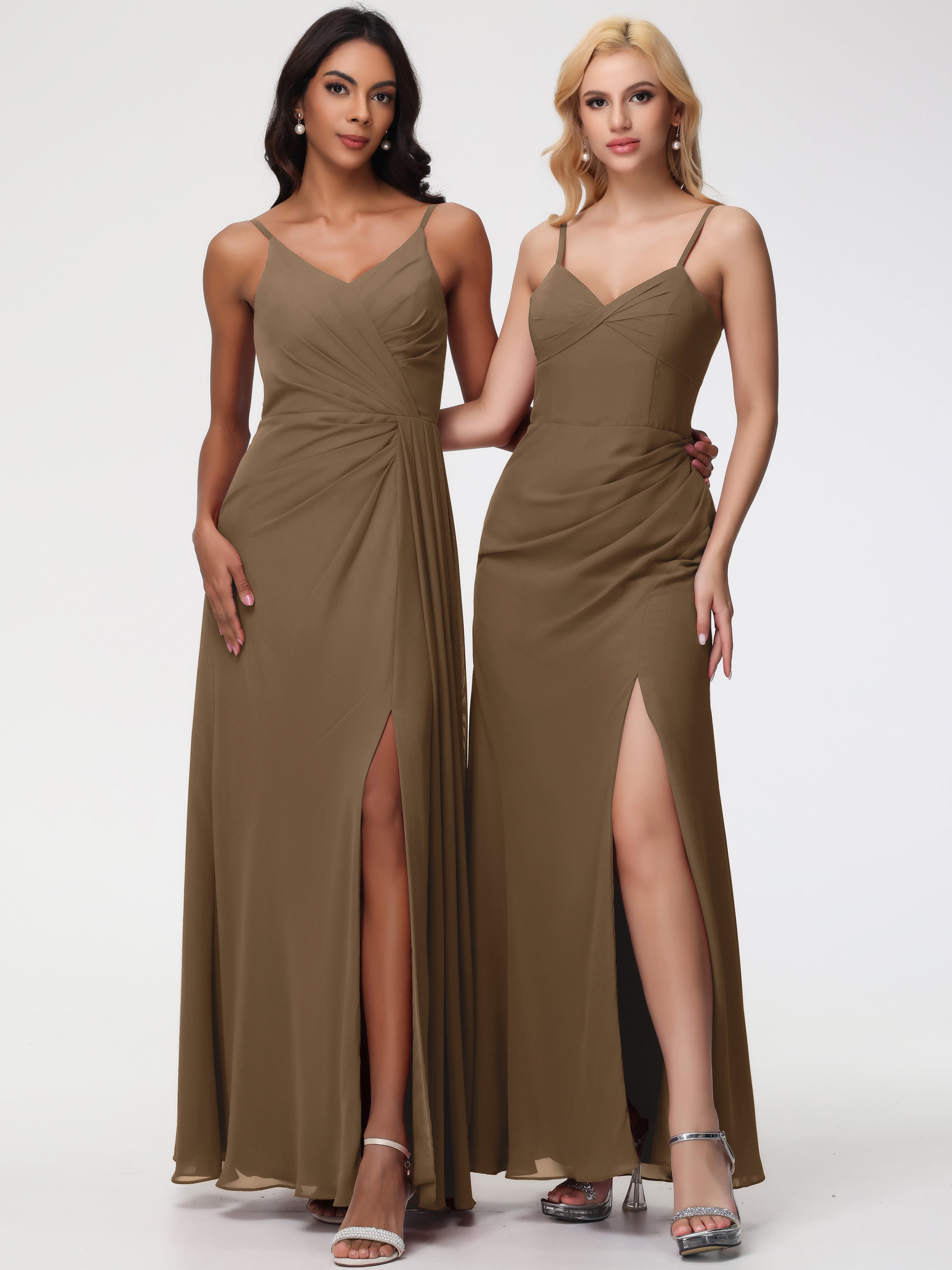 A-Line V-Neck Sleeveless Spaghetti Straps Pleats Chiffon Bridesmaid Dresses With Split