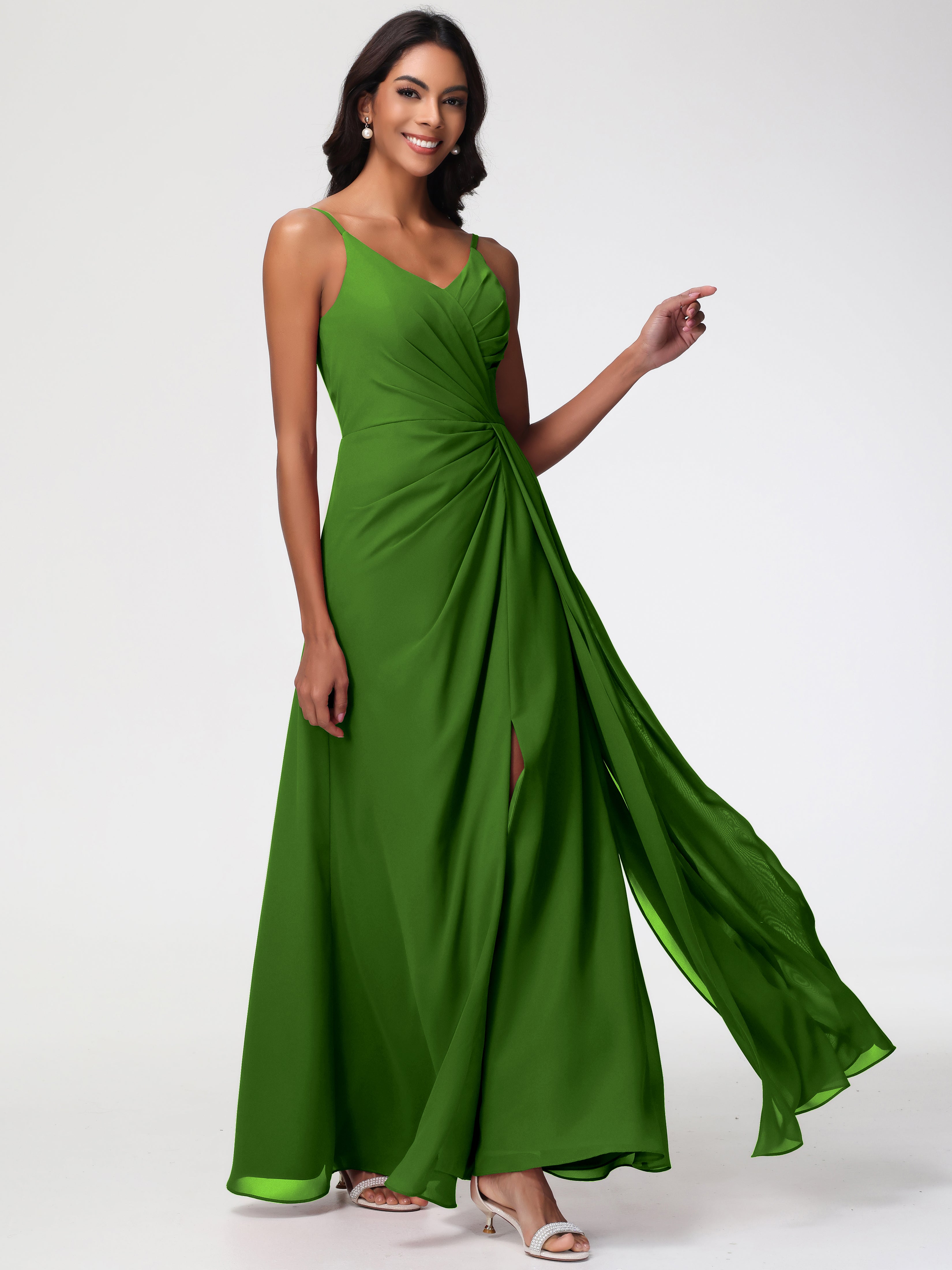 A-Line V-Neck Sleeveless Spaghetti Straps Pleats Chiffon Bridesmaid Dresses With Split