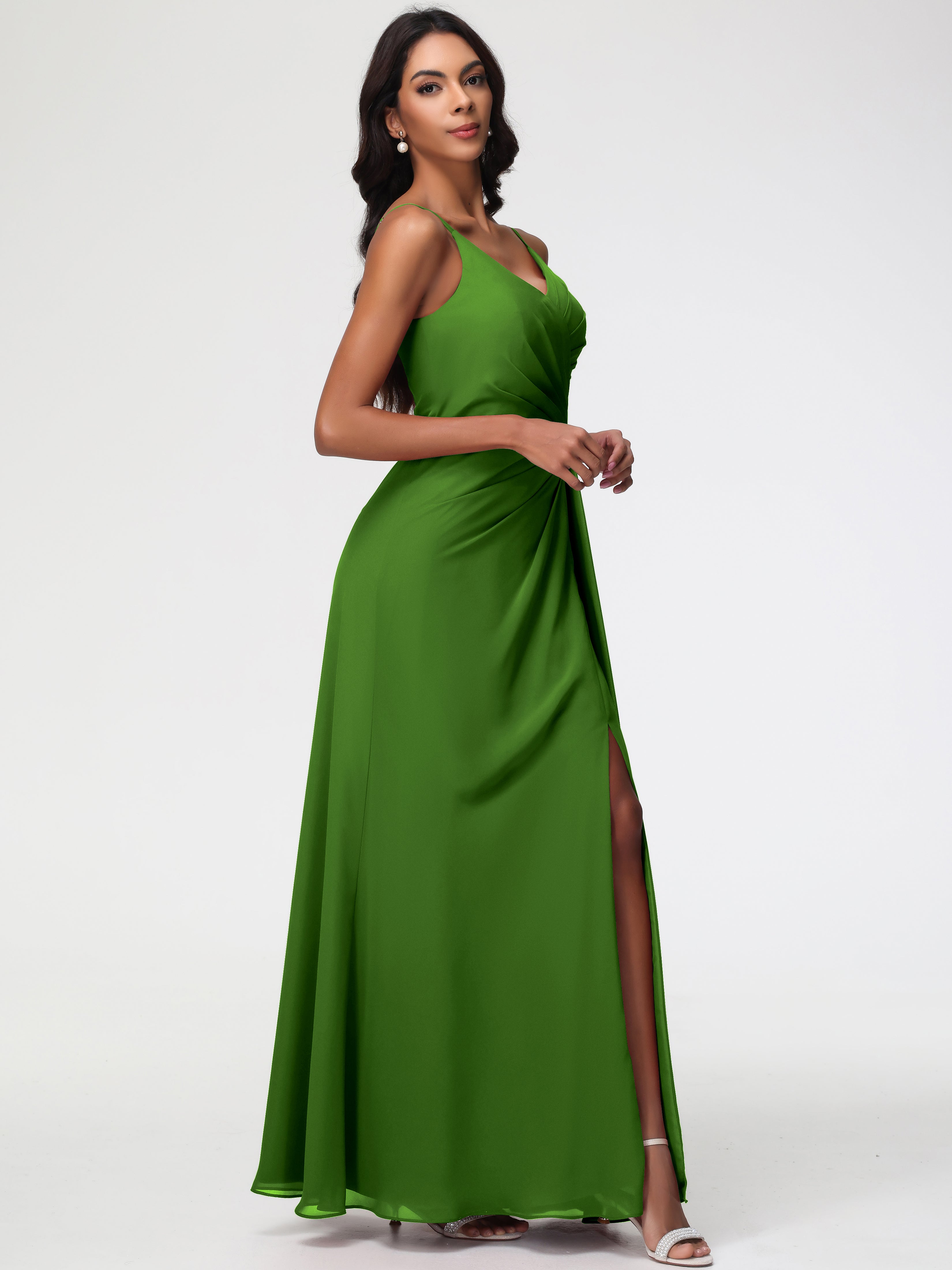 A-Line V-Neck Sleeveless Spaghetti Straps Pleats Chiffon Bridesmaid Dresses With Split