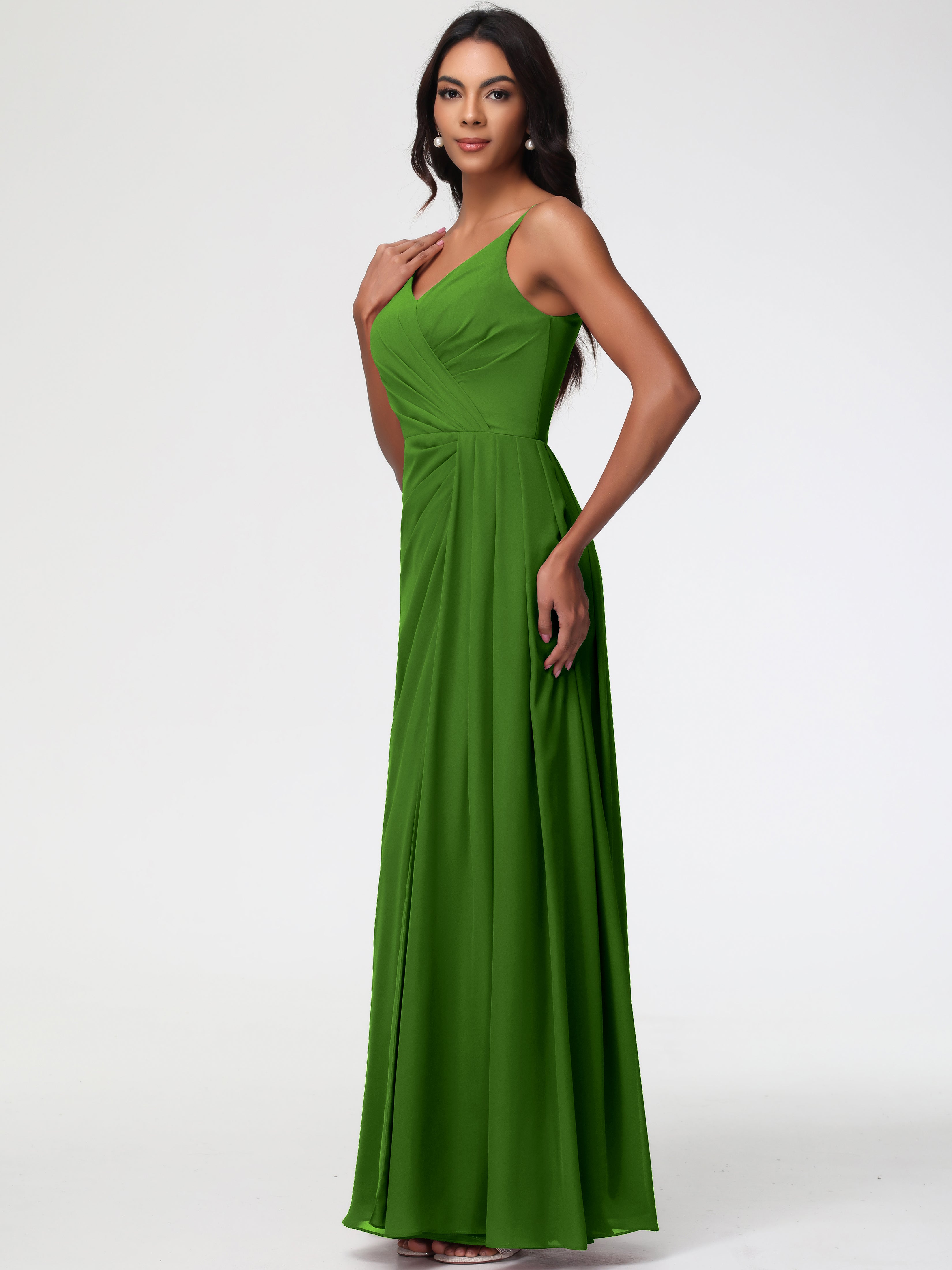 A-Line V-Neck Sleeveless Spaghetti Straps Pleats Chiffon Bridesmaid Dresses With Split