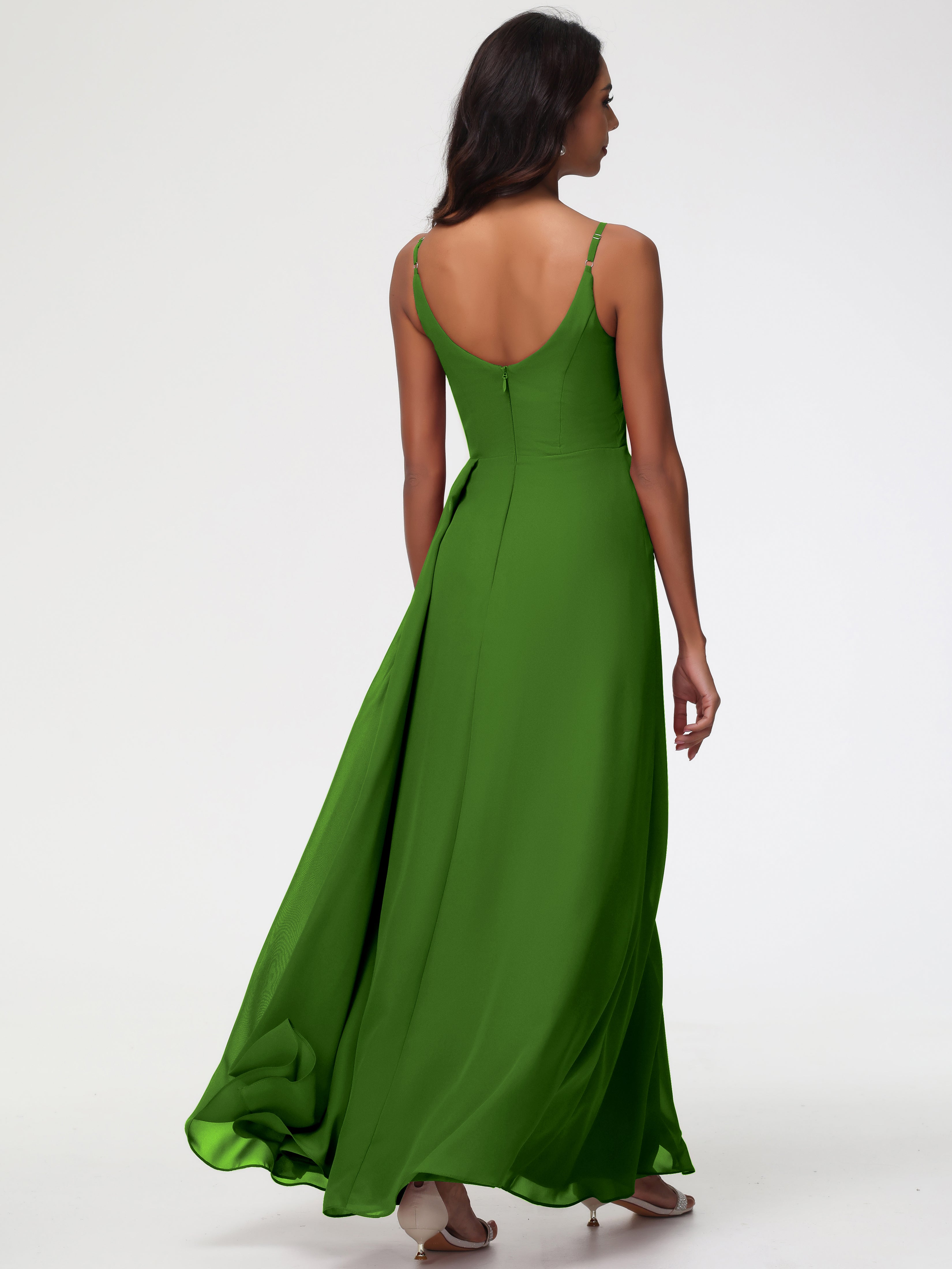 A-Line V-Neck Sleeveless Spaghetti Straps Pleats Chiffon Bridesmaid Dresses With Split