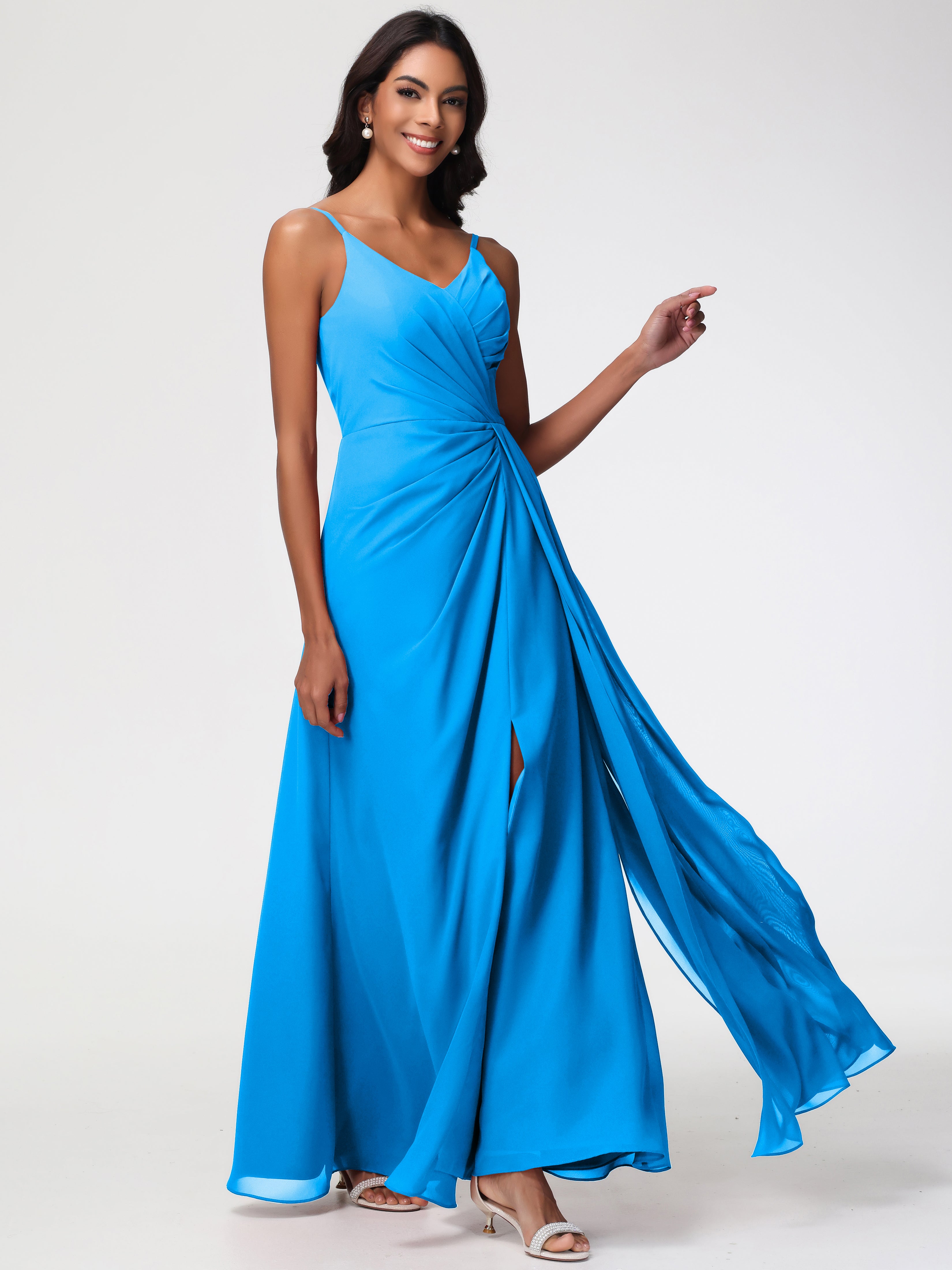 A-Line V-Neck Sleeveless Spaghetti Straps Pleats Chiffon Bridesmaid Dresses With Split (Copy)