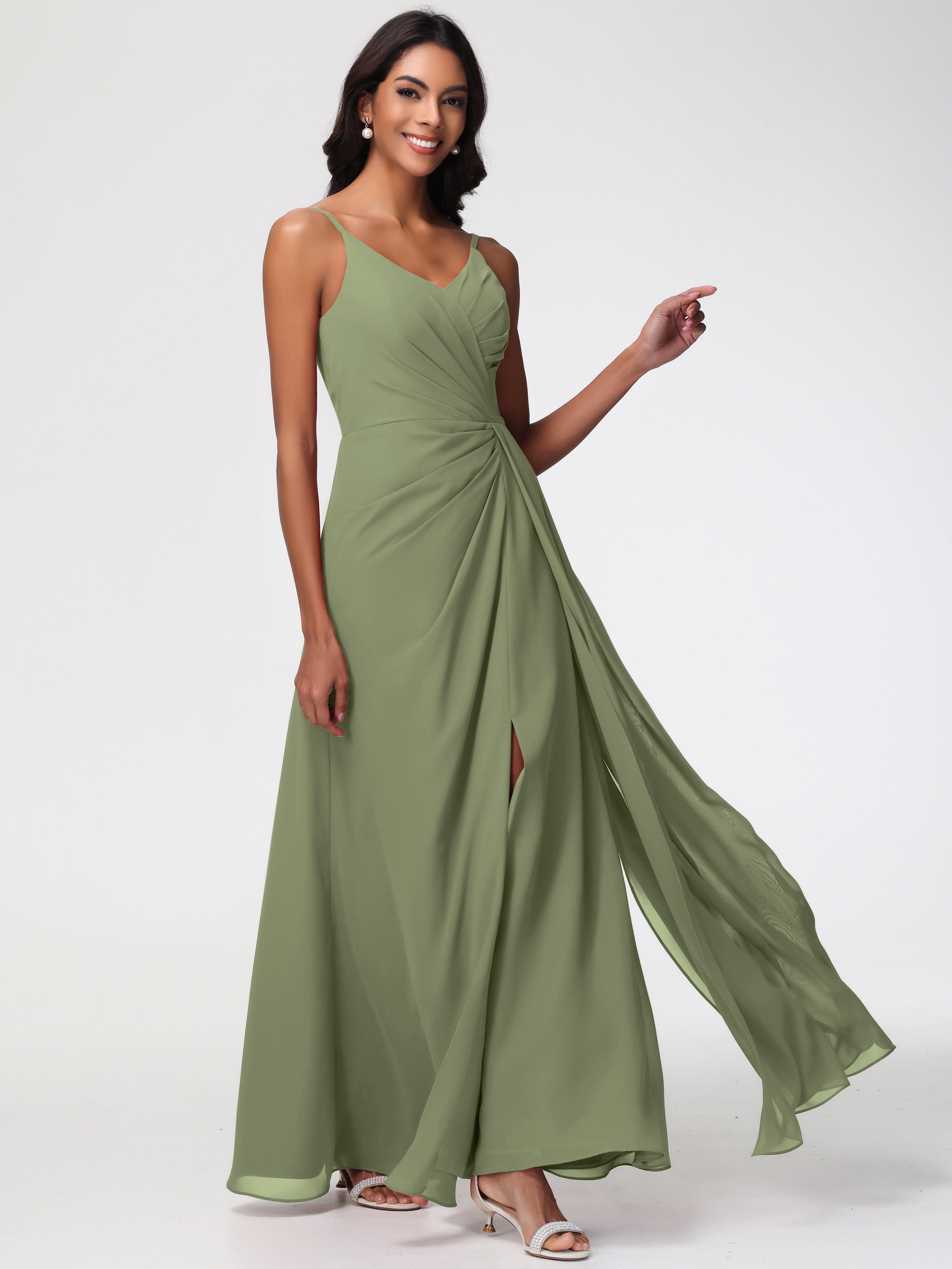 A-Line V-Neck Sleeveless Spaghetti Straps Pleats Chiffon Bridesmaid Dresses With Split (Copy)