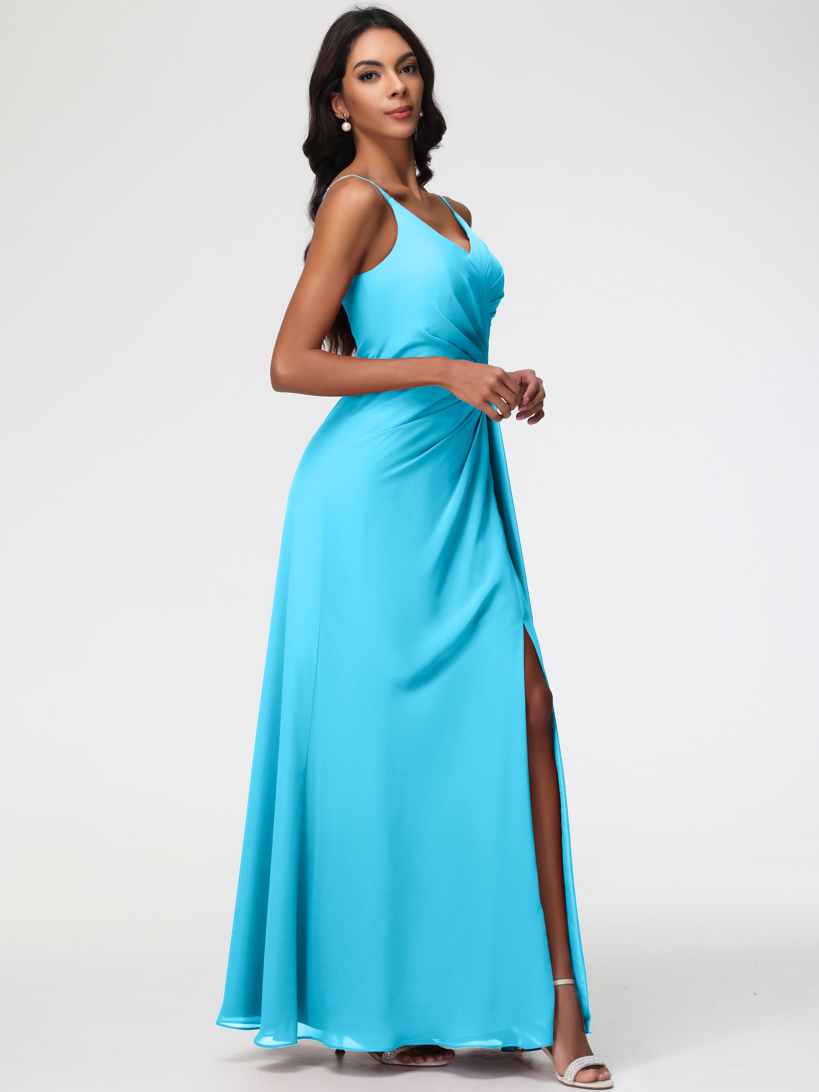 A-Line V-Neck Sleeveless Spaghetti Straps Pleats Chiffon Bridesmaid Dresses With Split (Copy)
