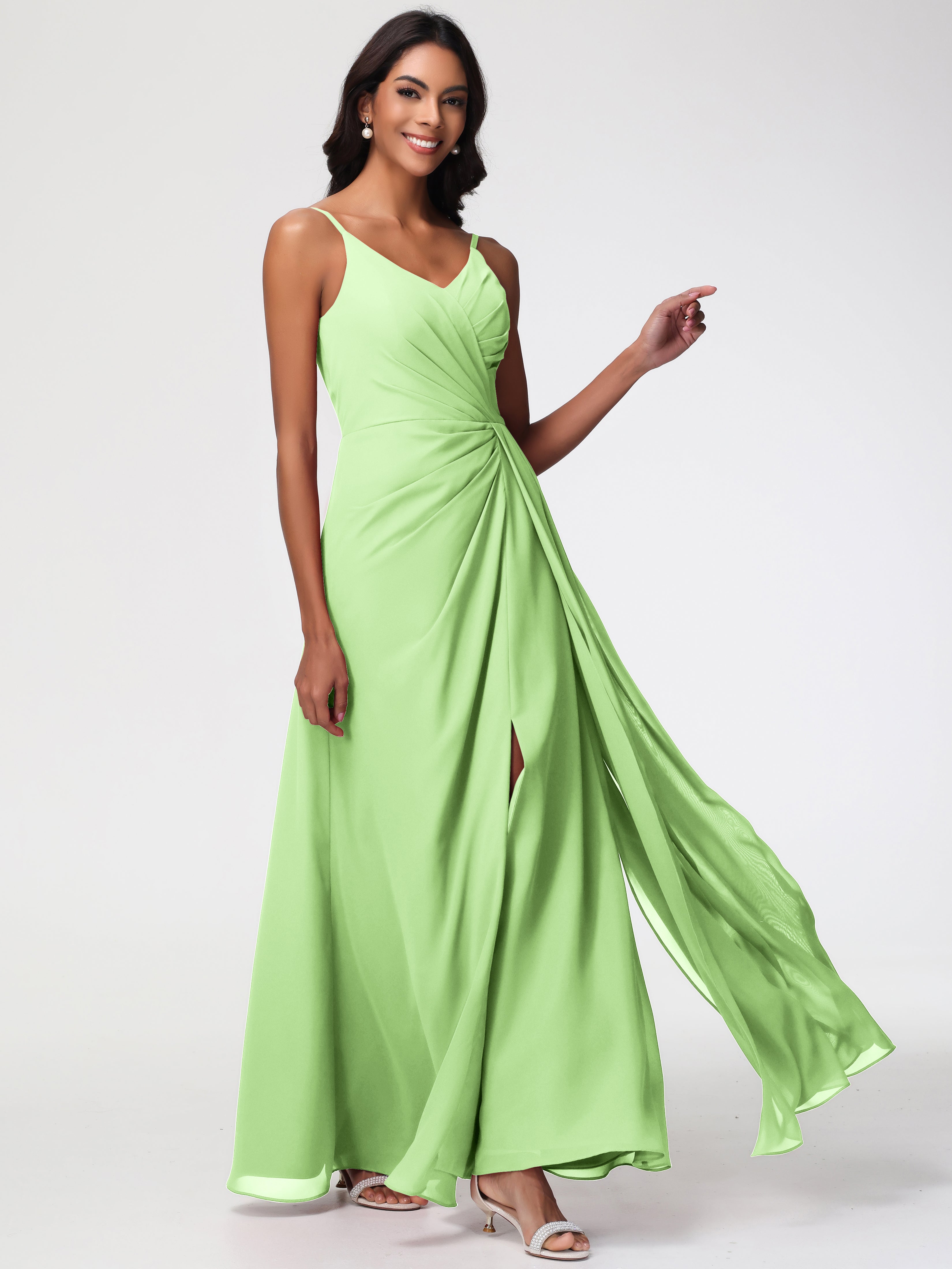 A-Line V-Neck Sleeveless Spaghetti Straps Pleats Chiffon Bridesmaid Dresses With Split (Copy)