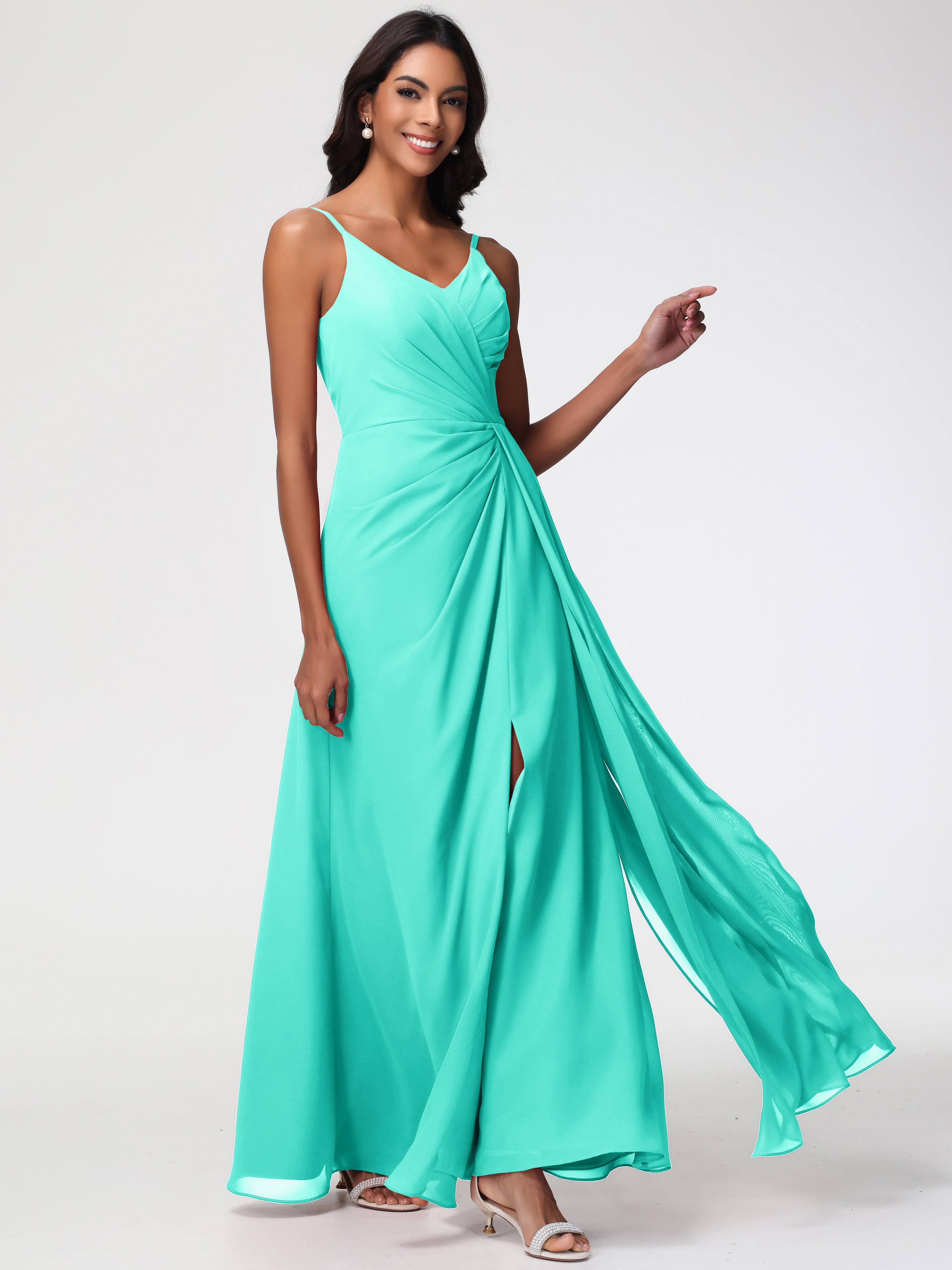 A-Line V-Neck Sleeveless Spaghetti Straps Pleats Chiffon Bridesmaid Dresses With Split (Copy)