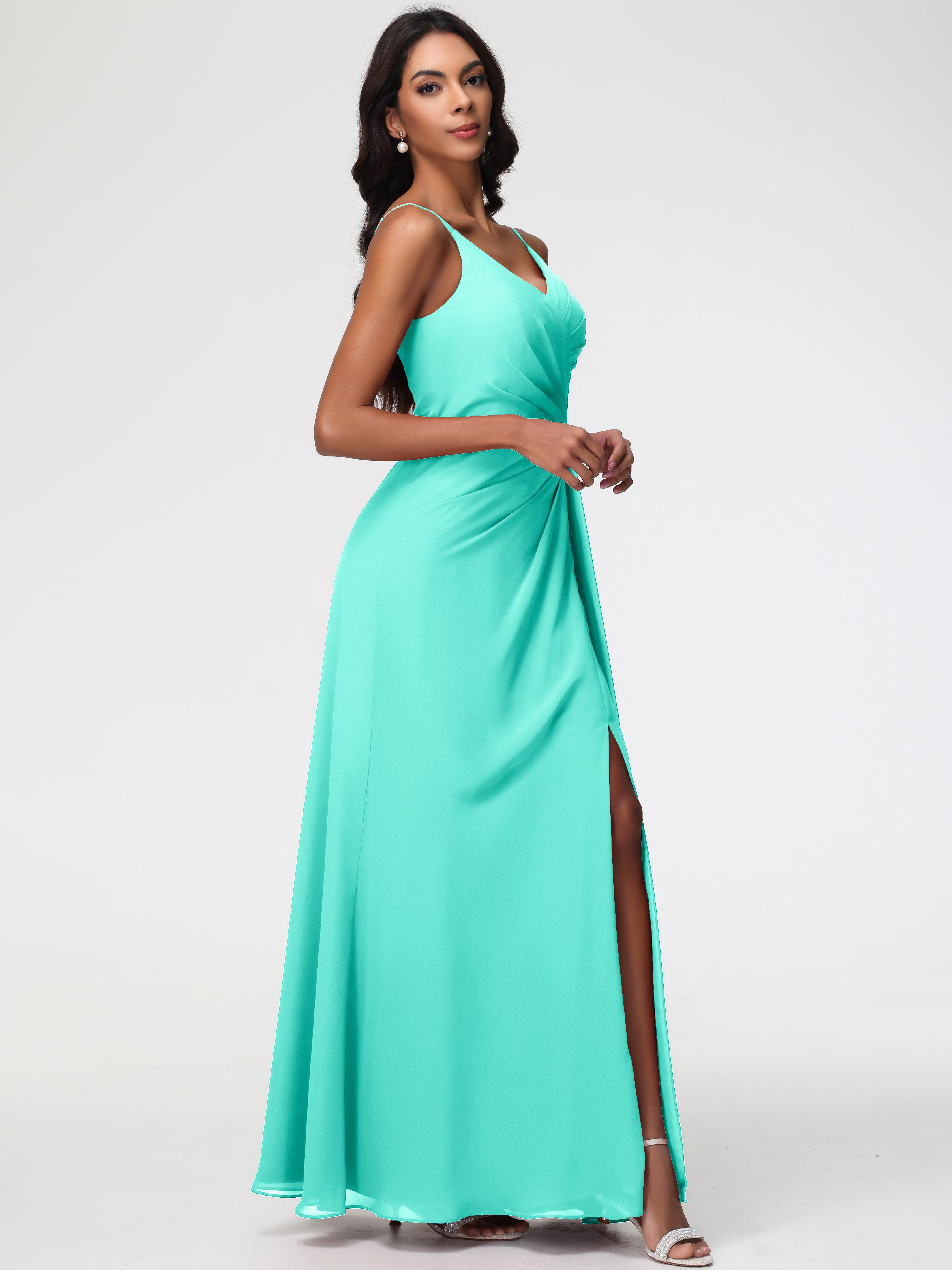 A-Line V-Neck Sleeveless Spaghetti Straps Pleats Chiffon Bridesmaid Dresses With Split (Copy)