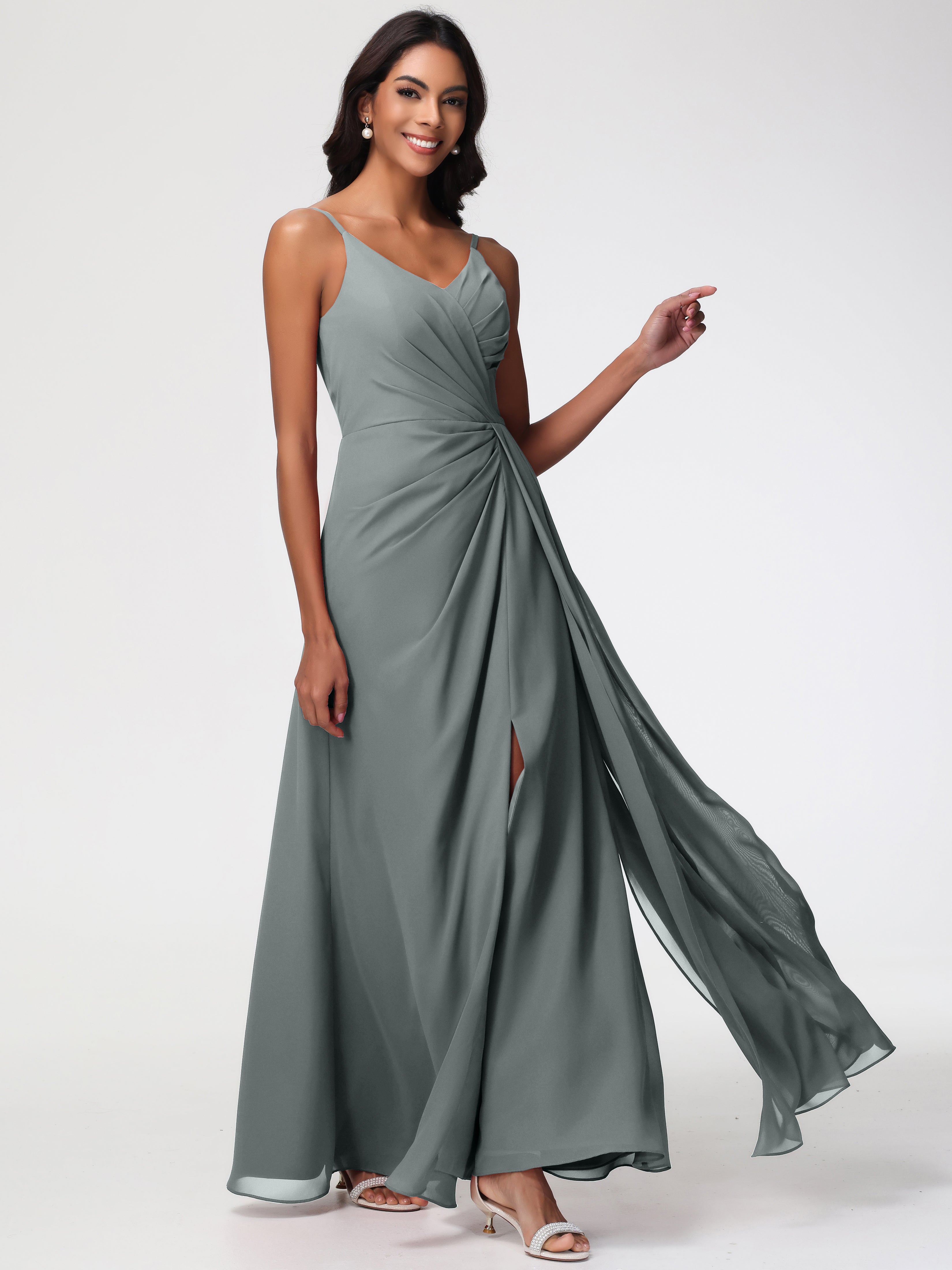 A-Line V-Neck Sleeveless Spaghetti Straps Pleats Chiffon Bridesmaid Dresses With Split (Copy)