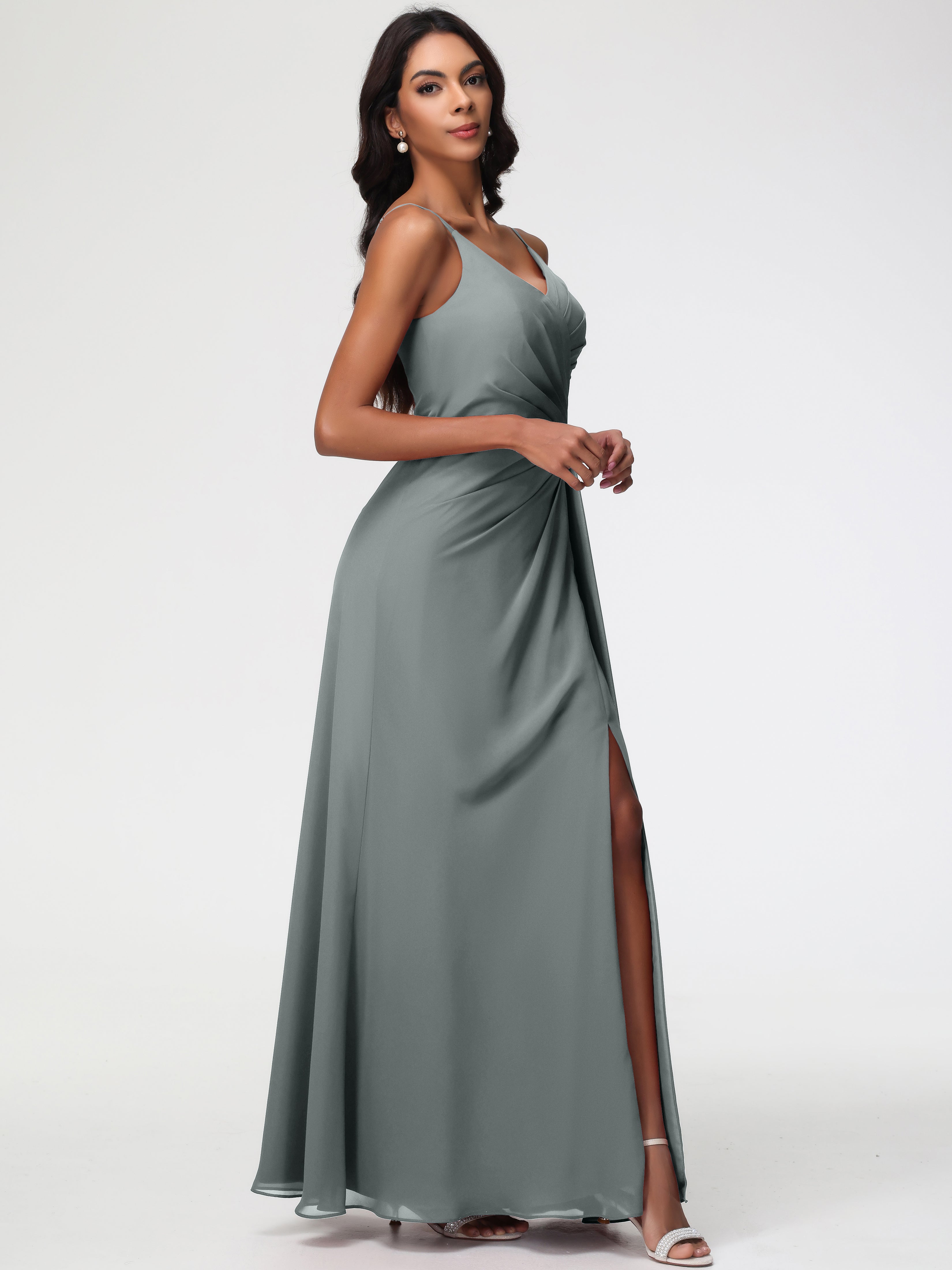 A-Line V-Neck Sleeveless Spaghetti Straps Pleats Chiffon Bridesmaid Dresses With Split (Copy)