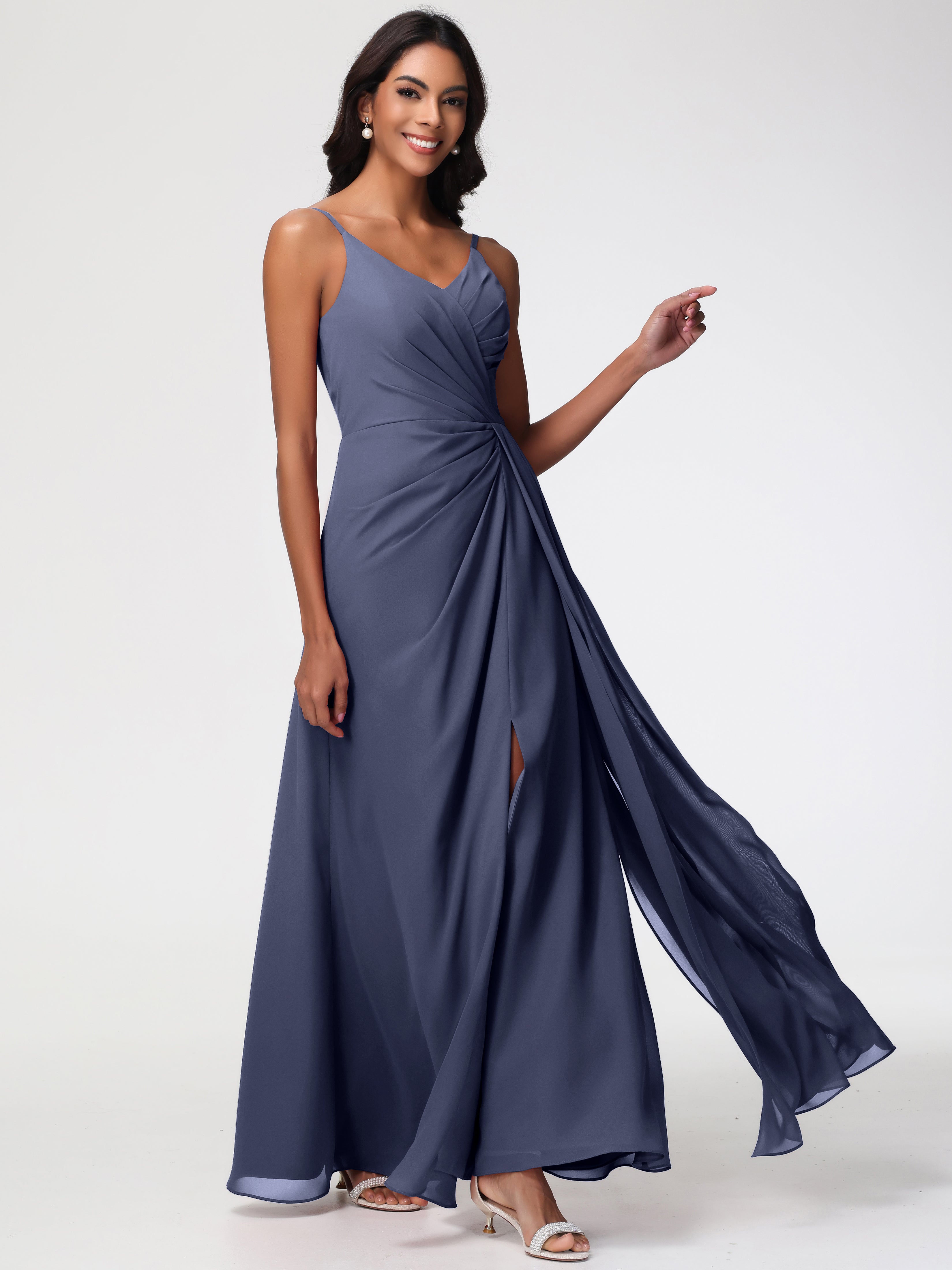 A-Line V-Neck Sleeveless Spaghetti Straps Pleats Chiffon Bridesmaid Dresses With Split (Copy)