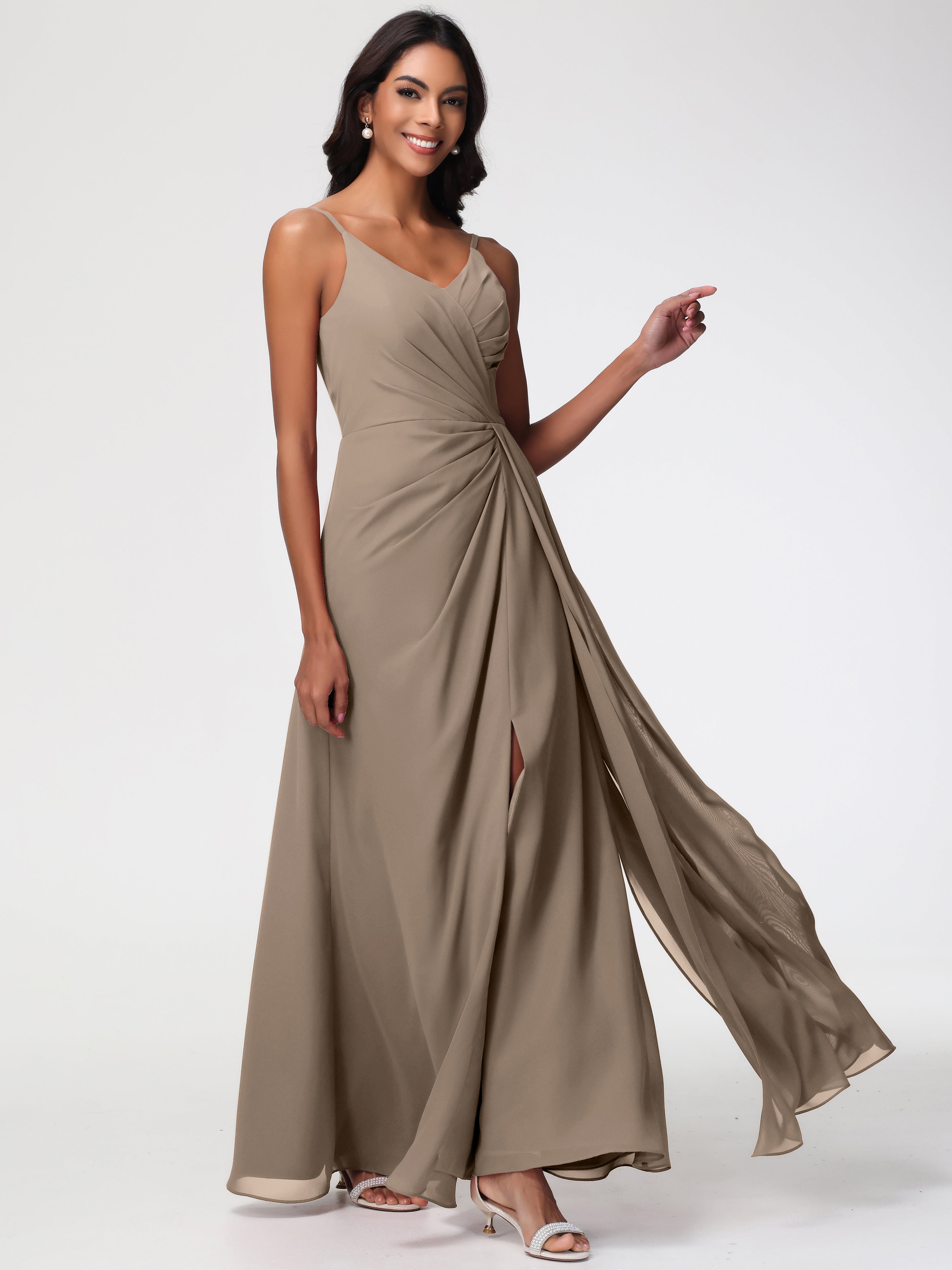 A-Line V-Neck Sleeveless Spaghetti Straps Pleats Chiffon Bridesmaid Dresses With Split (Copy)