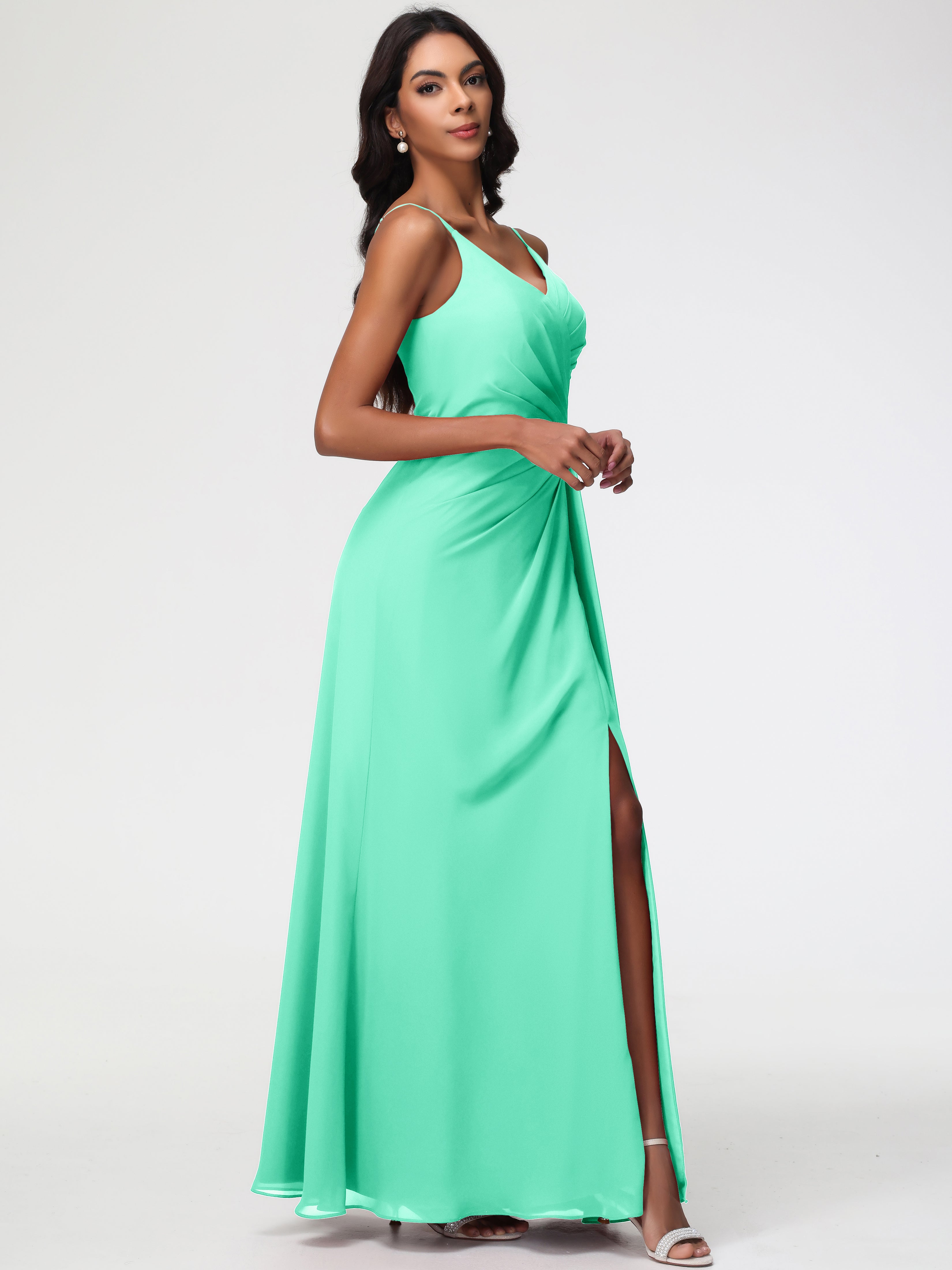 A-Line V-Neck Sleeveless Spaghetti Straps Pleats Chiffon Bridesmaid Dresses With Split (Copy)