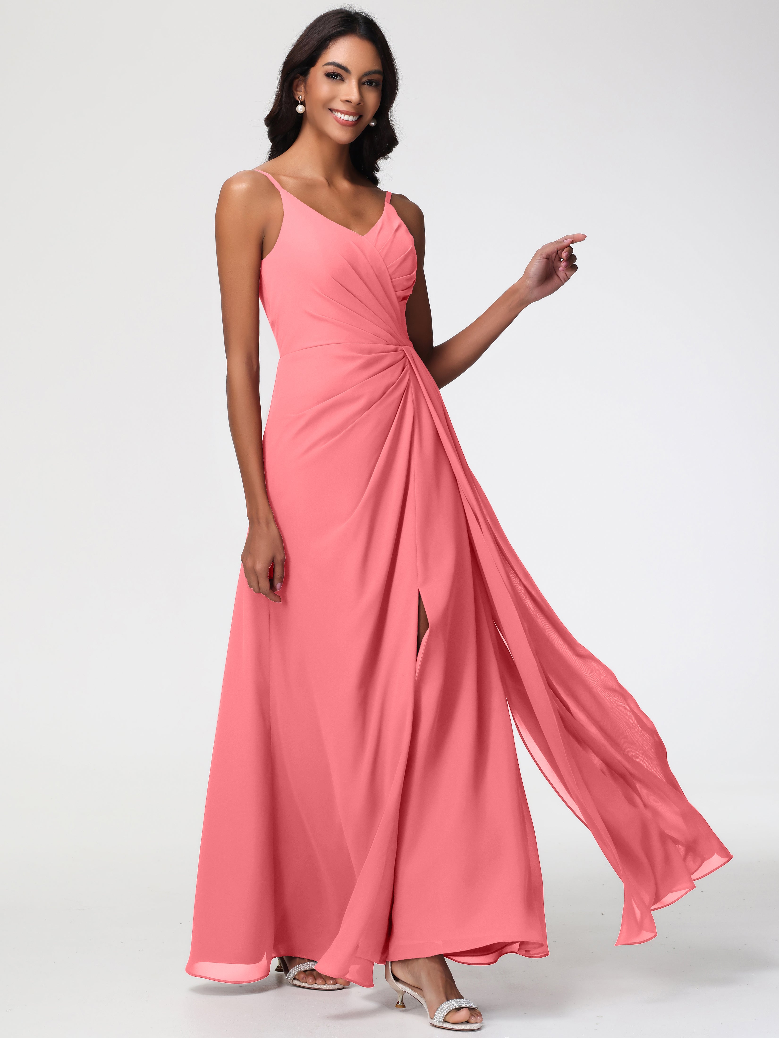 A-Line V-Neck Sleeveless Spaghetti Straps Pleats Chiffon Bridesmaid Dresses With Split (Copy)