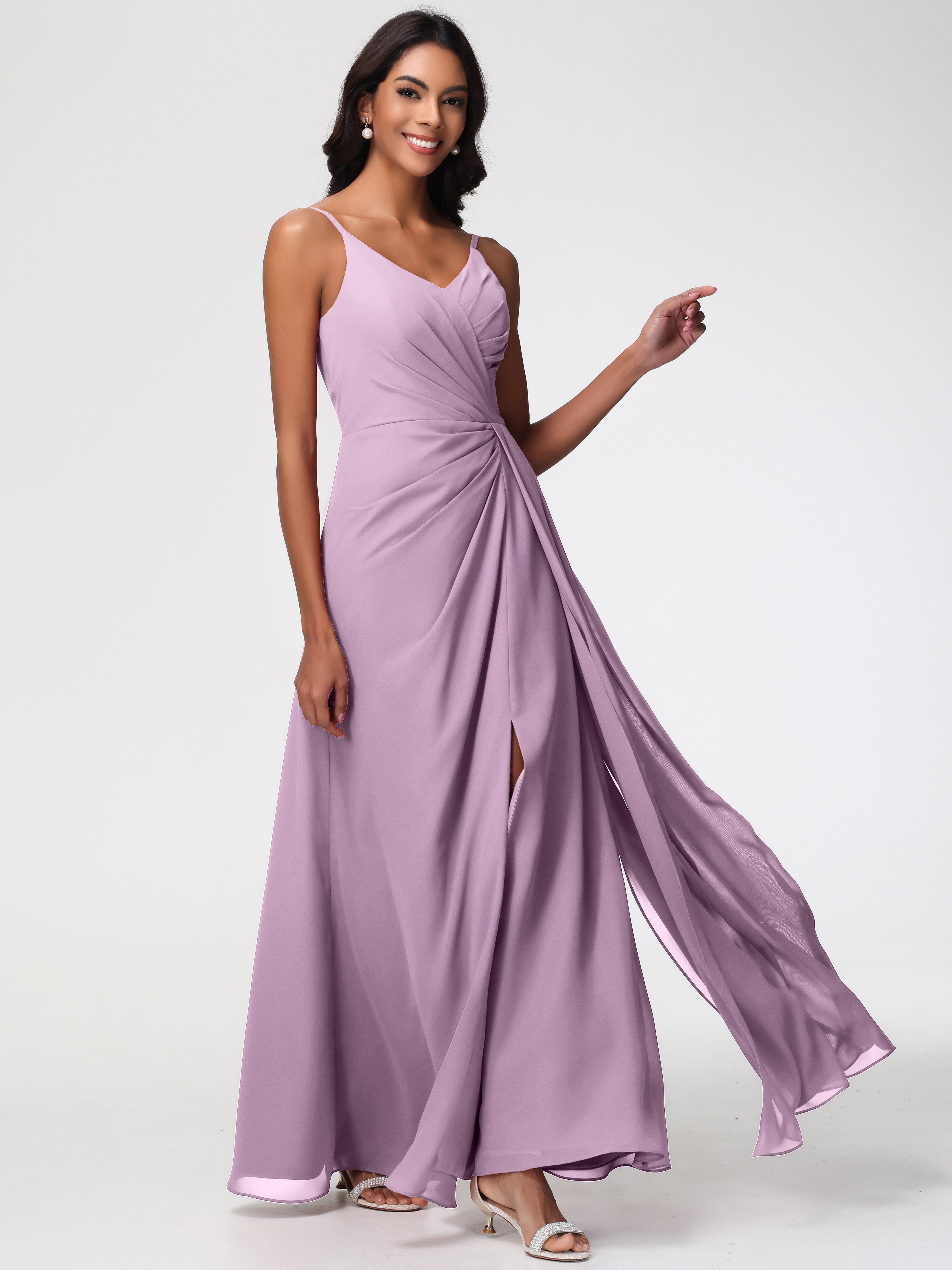 A-Line V-Neck Sleeveless Spaghetti Straps Pleats Chiffon Bridesmaid Dresses With Split (Copy)