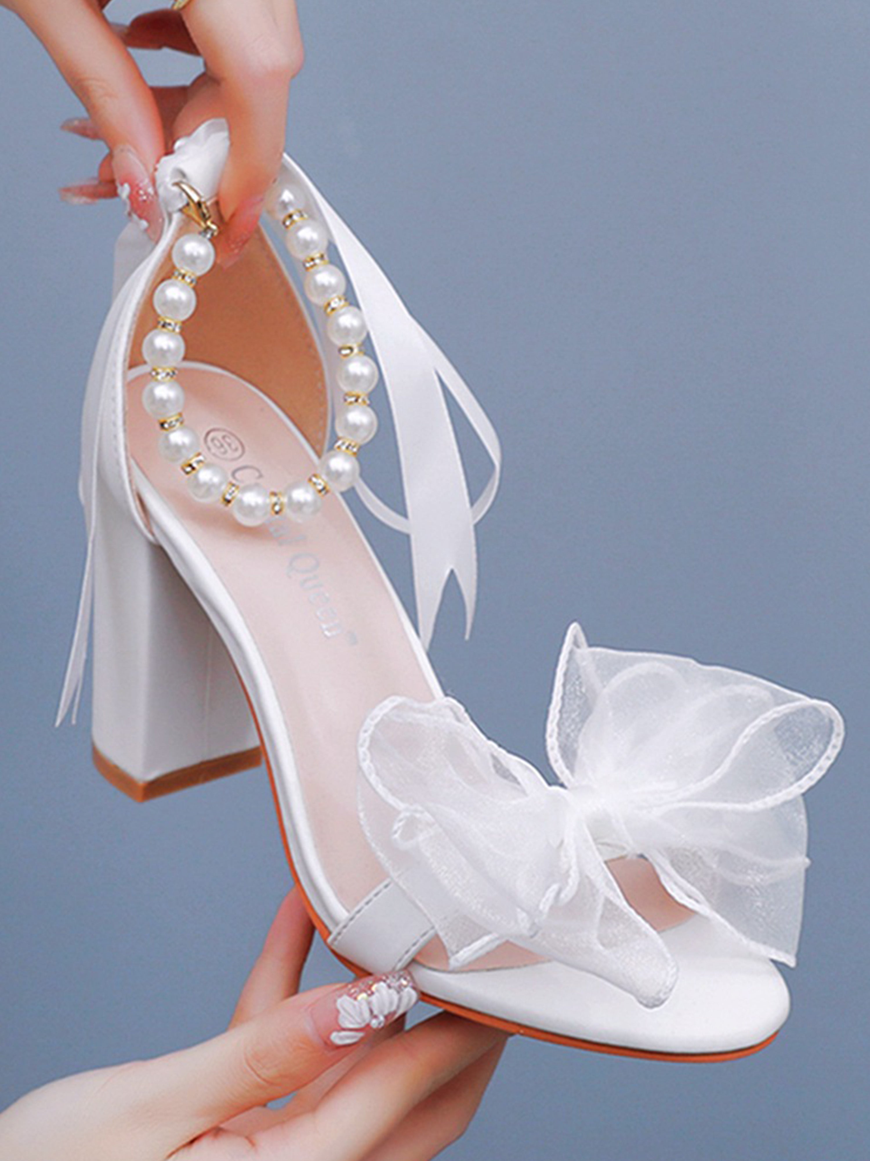Bow Block Heels Beaded Floating Strap Sandals Female