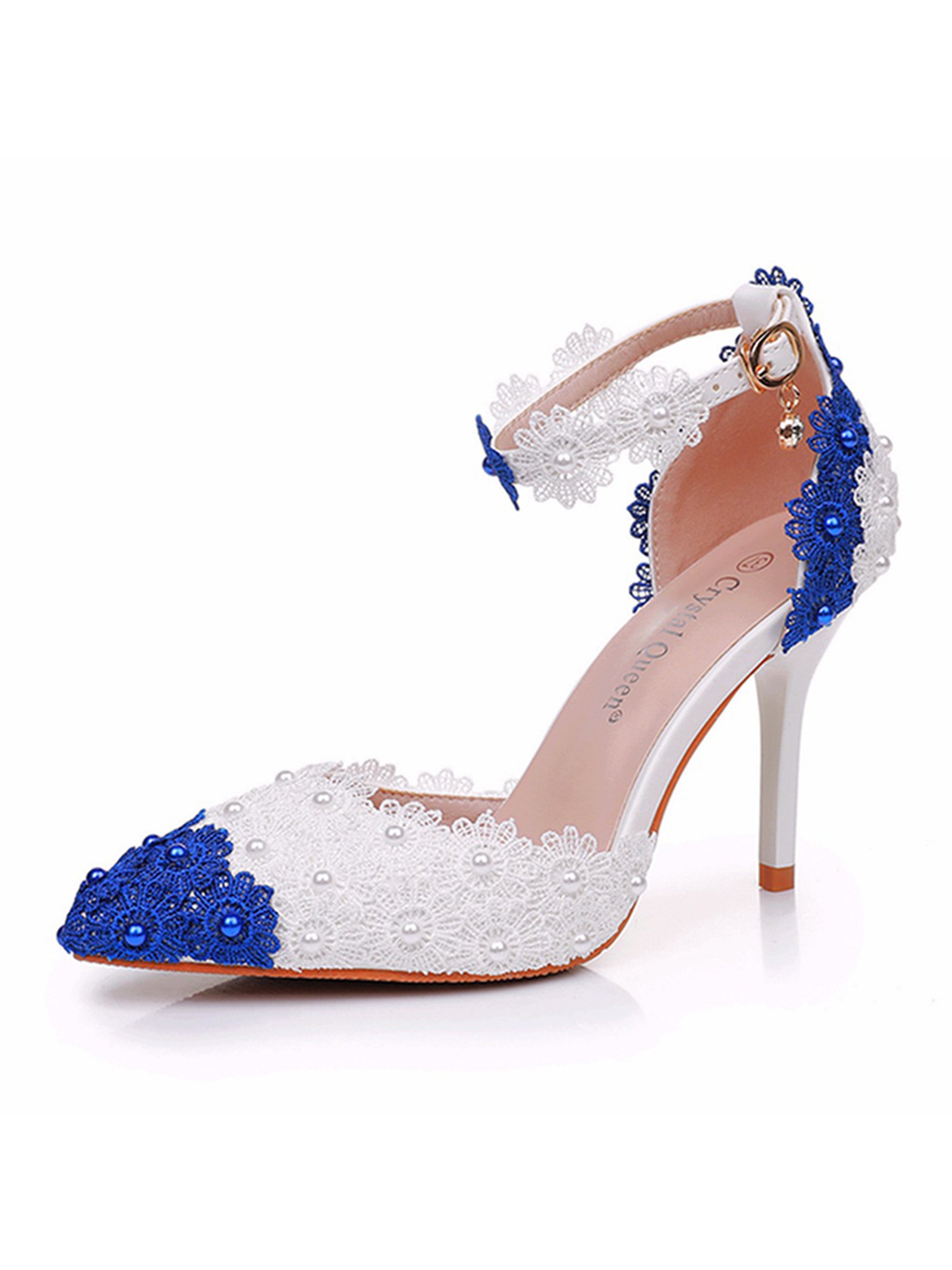 Contrast Blue and White Lace Flower Slim Heeled Sandals