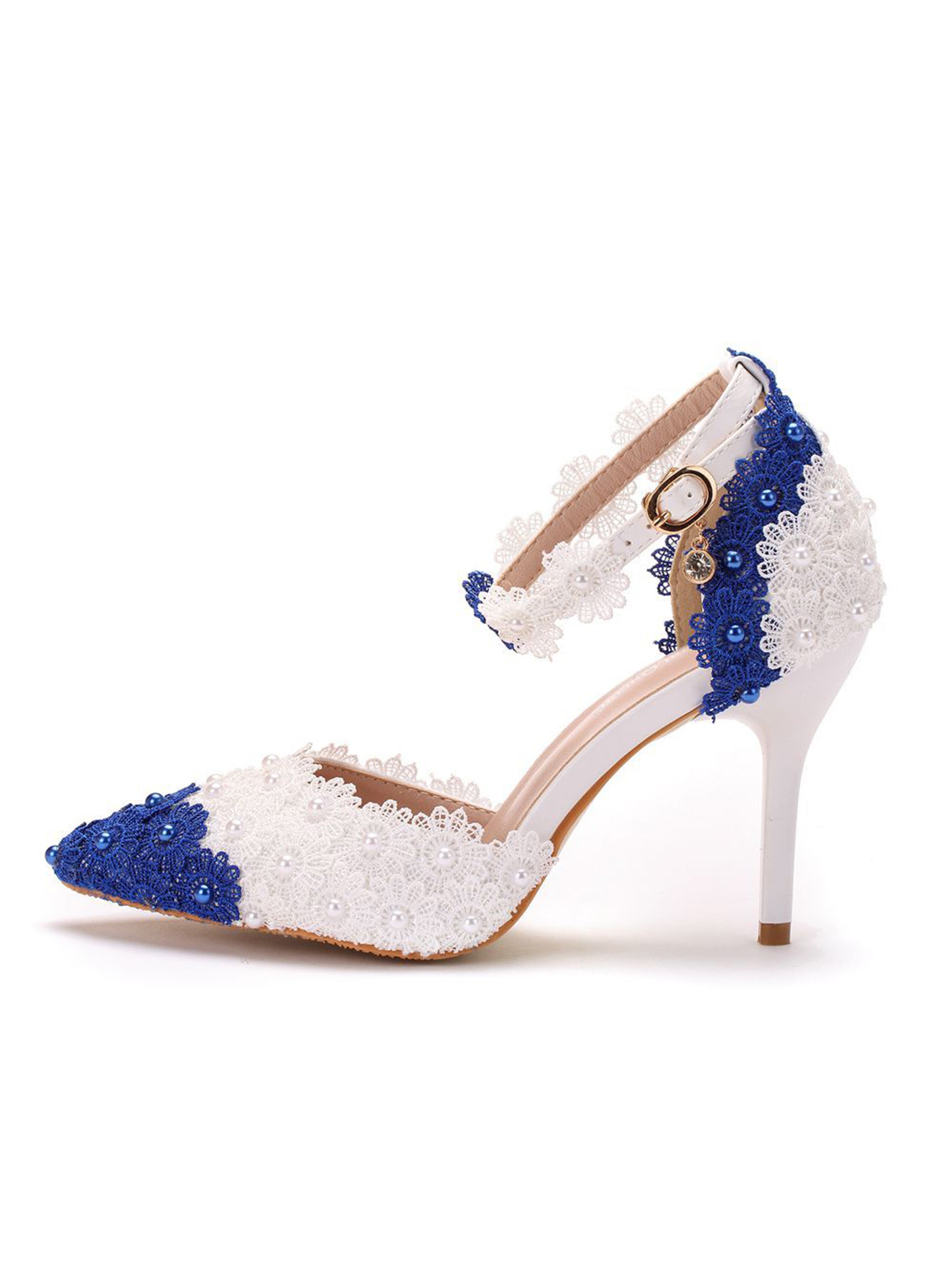 Contrast Blue and White Lace Flower Slim Heeled Sandals