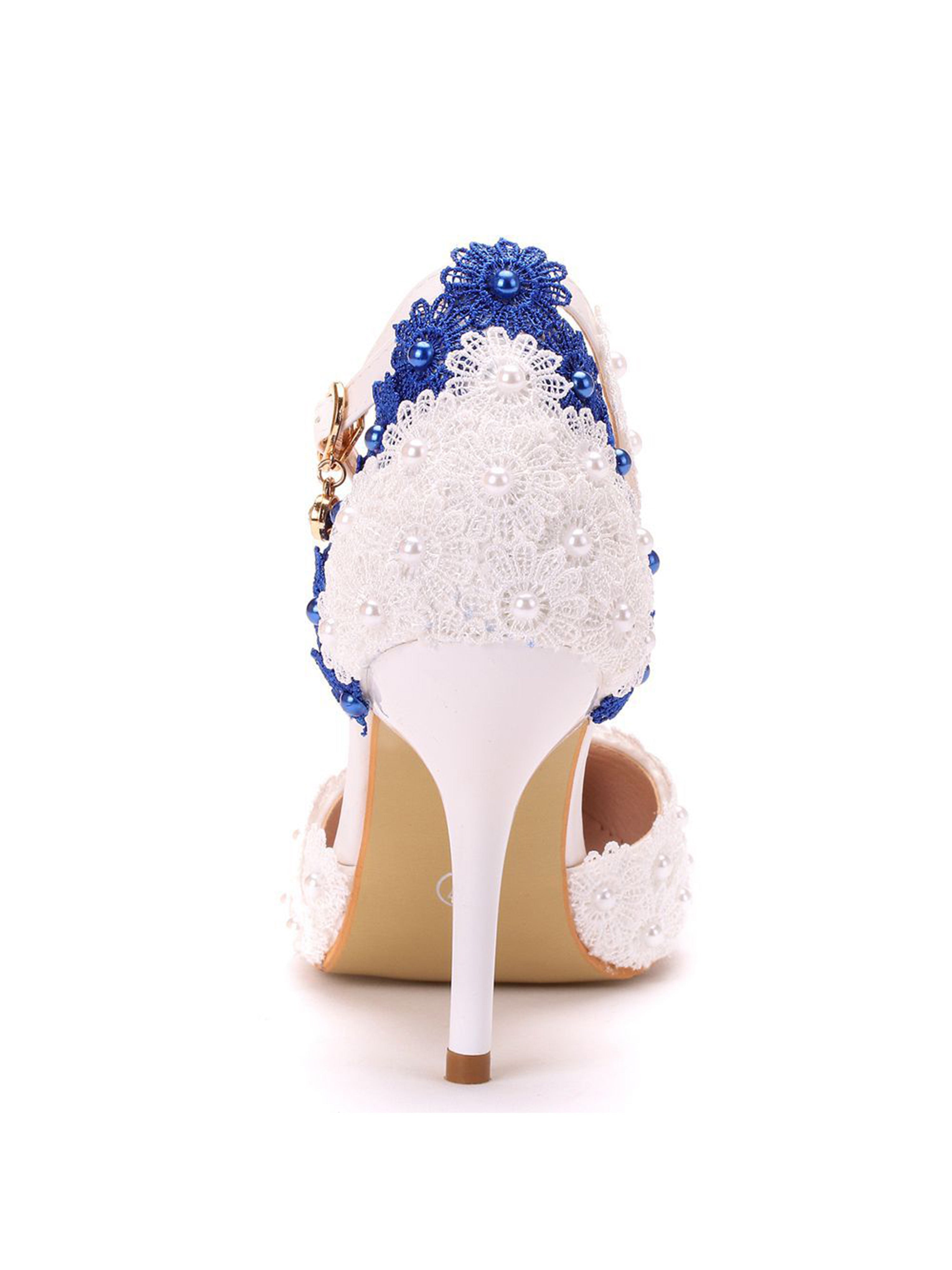 Contrast Blue and White Lace Flower Slim Heeled Sandals
