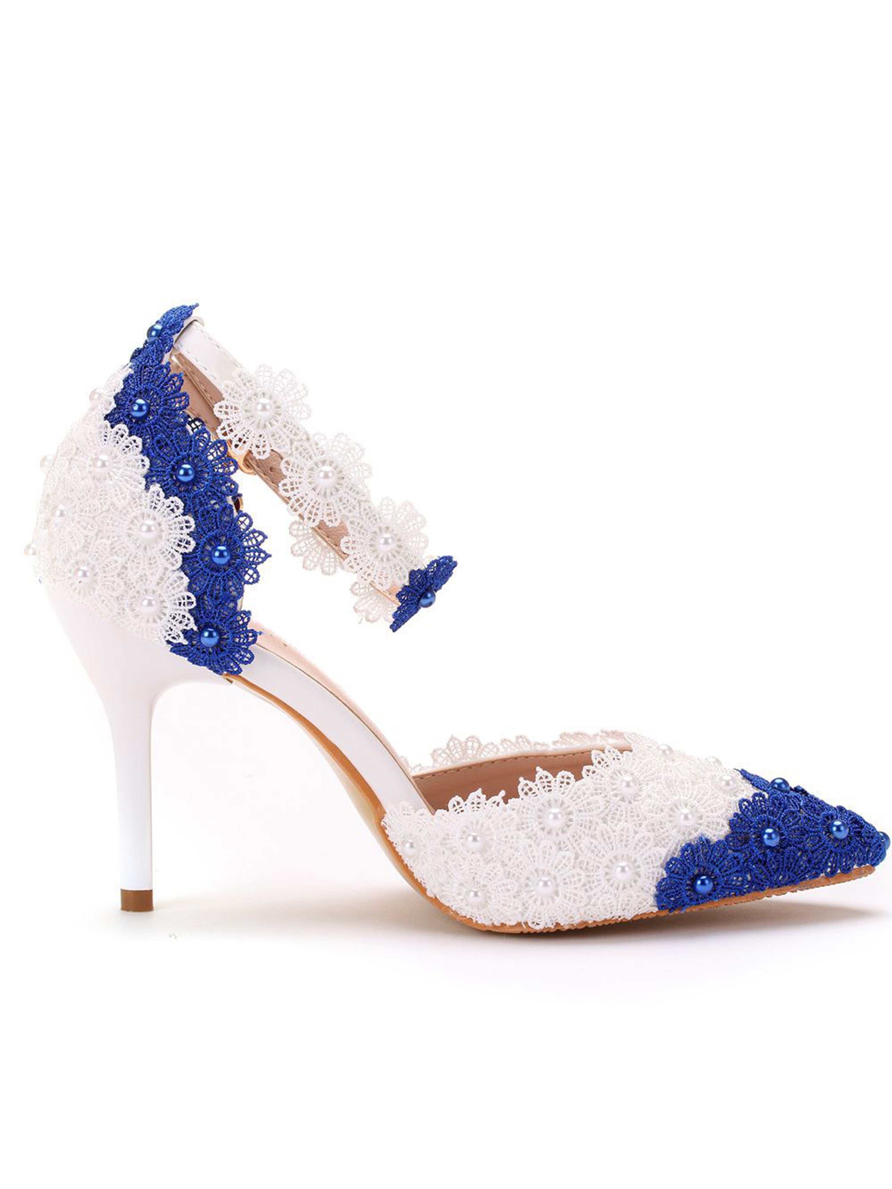Contrast Blue and White Lace Flower Slim Heeled Sandals