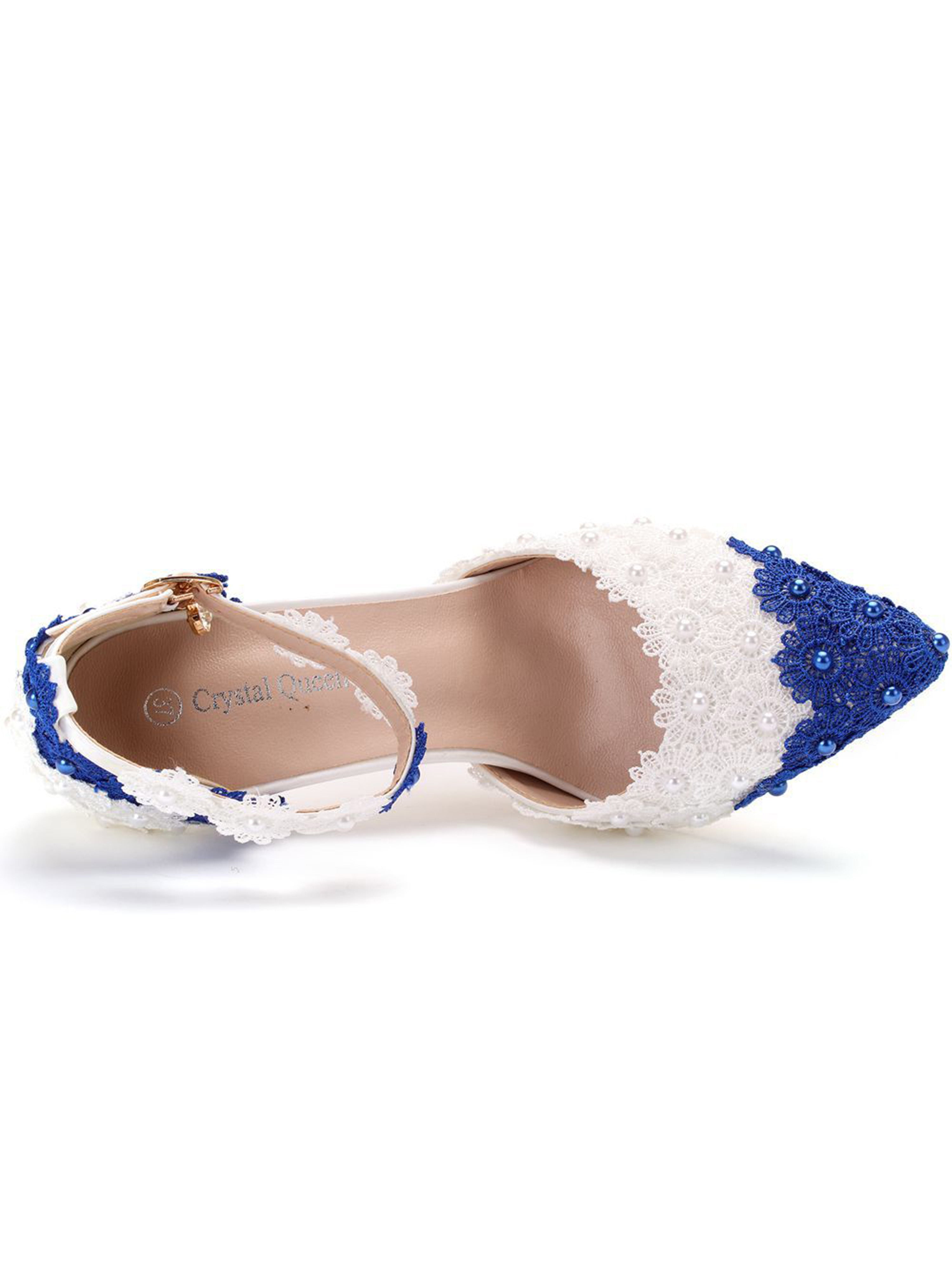 Contrast Blue and White Lace Flower Slim Heeled Sandals