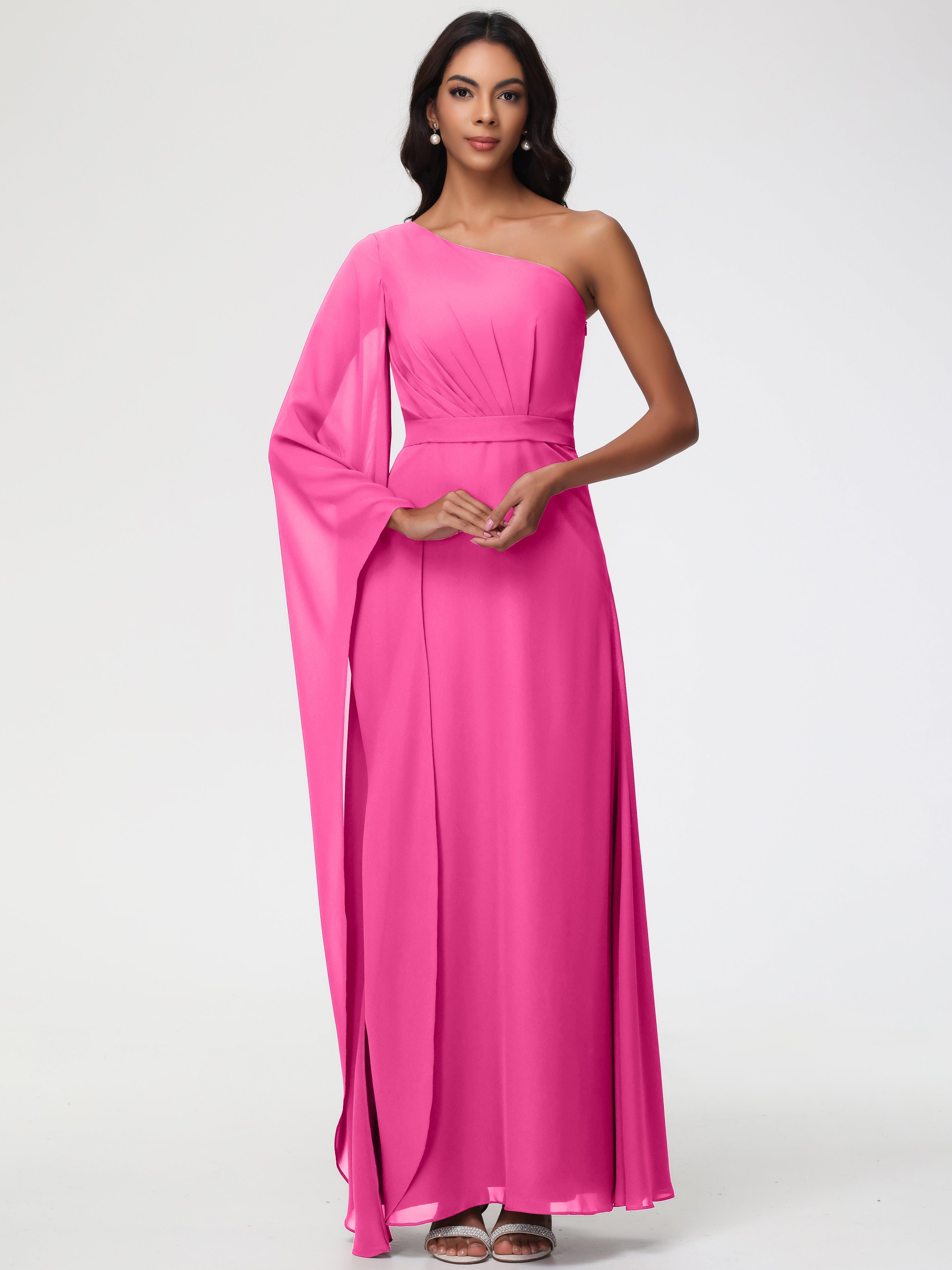 One Shoulder A-Line Pleats Floor-Length Chiffon Bridesmaid Dresses