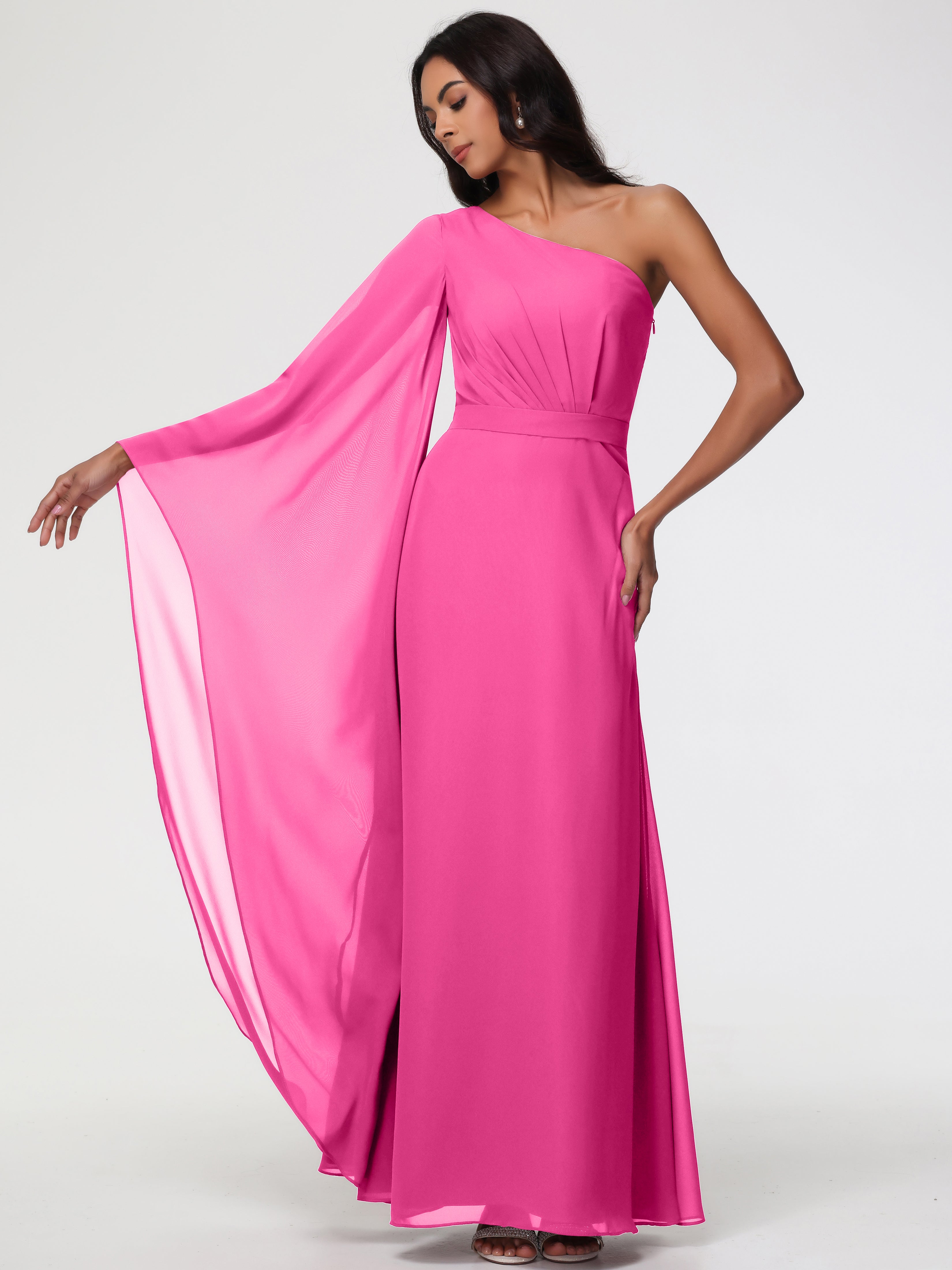 One Shoulder A-Line Pleats Floor-Length Chiffon Bridesmaid Dresses