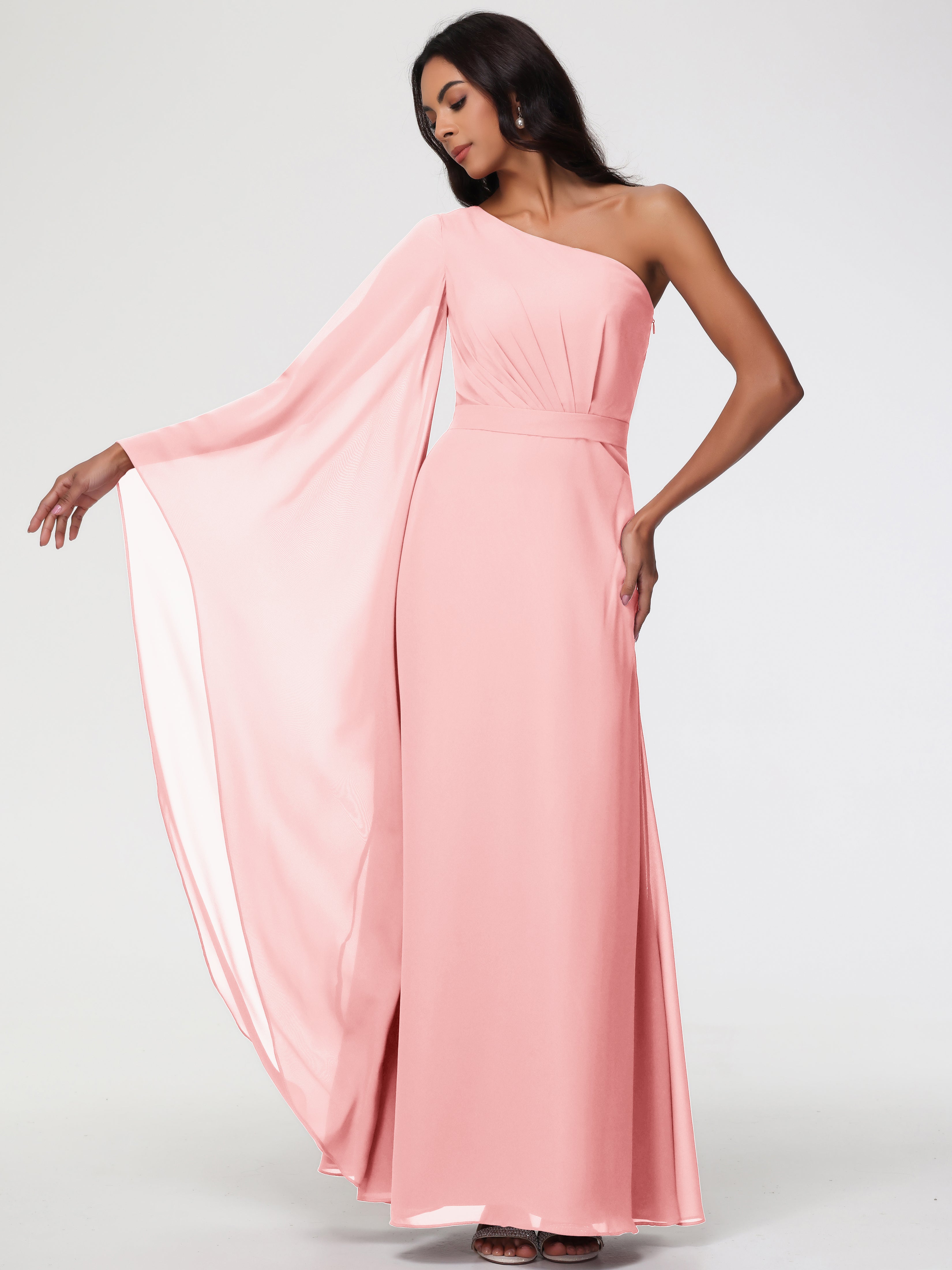 One Shoulder A-Line Pleats Floor-Length Chiffon Bridesmaid Dresses