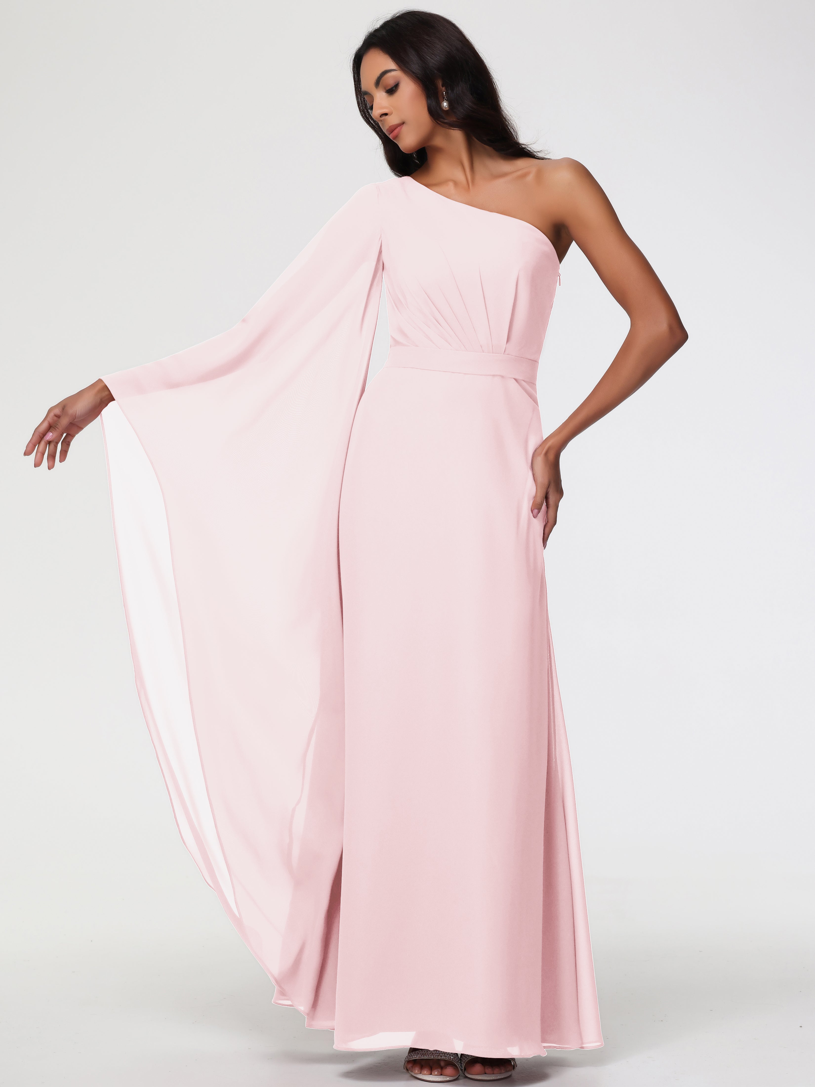 One Shoulder A-Line Pleats Floor-Length Chiffon Bridesmaid Dresses