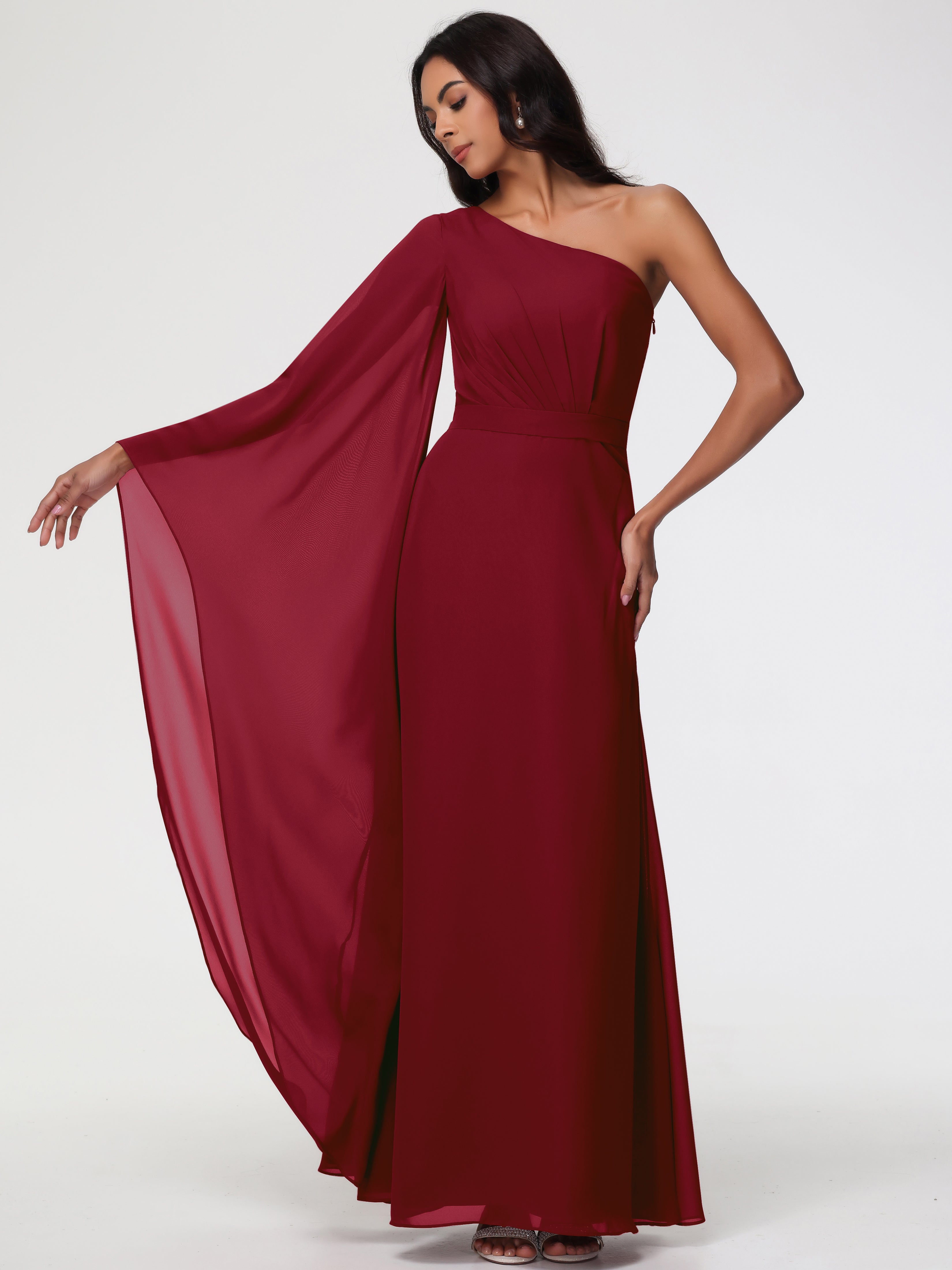 One Shoulder A-Line Pleats Floor-Length Chiffon Bridesmaid Dresses