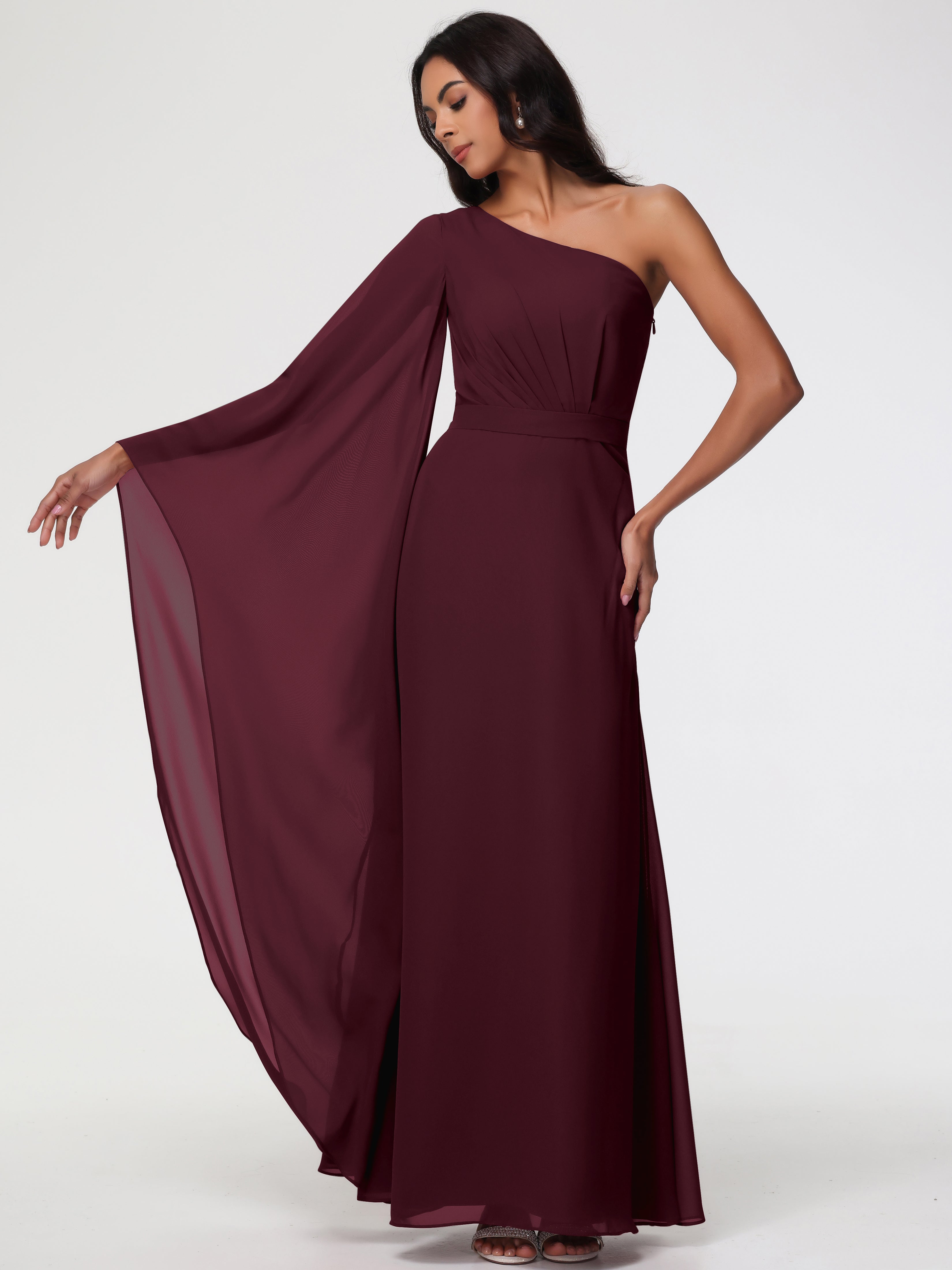 One Shoulder A-Line Pleats Floor-Length Chiffon Bridesmaid Dresses