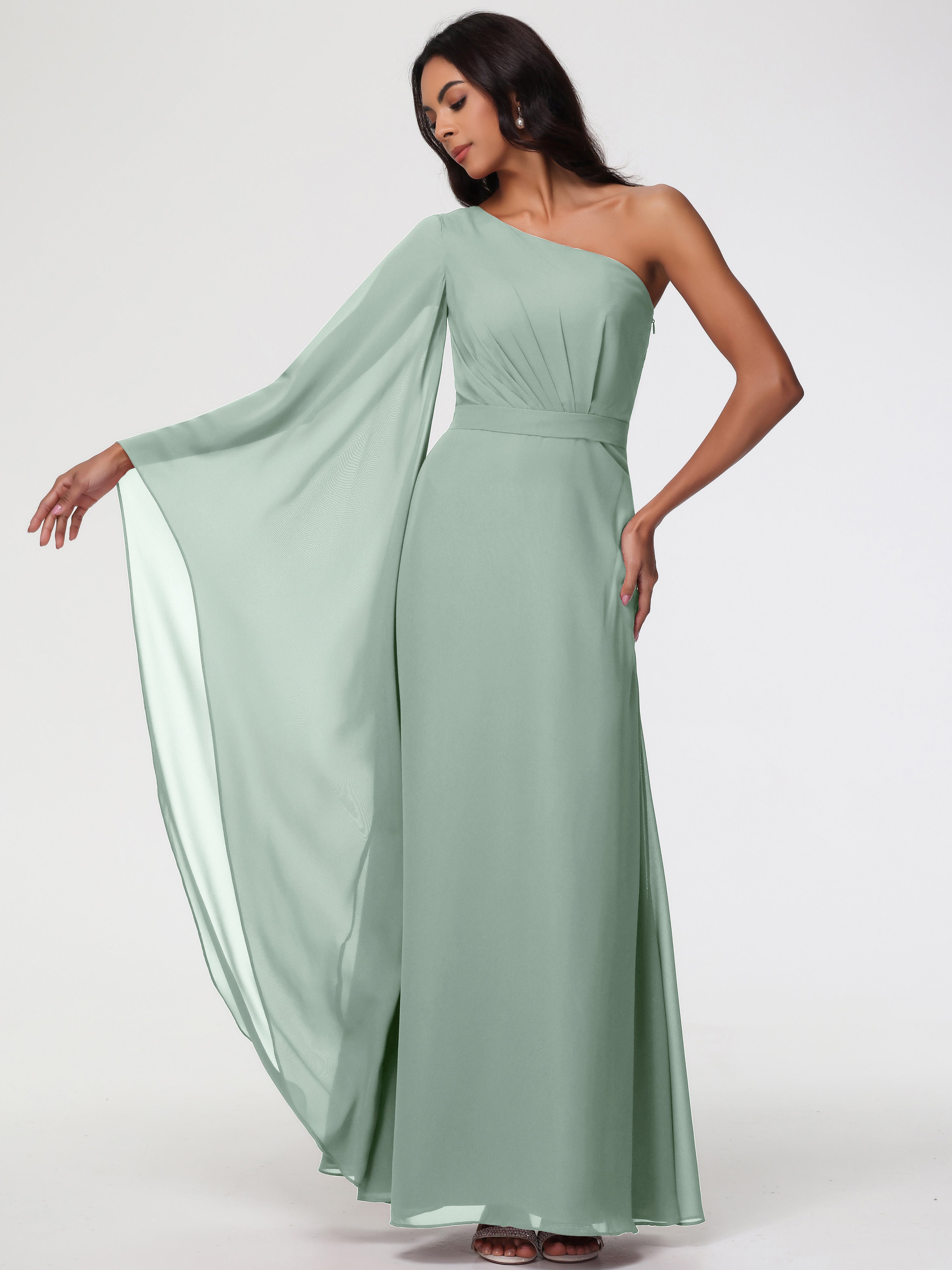 One Shoulder A-Line Pleats Floor-Length Chiffon Bridesmaid Dresses