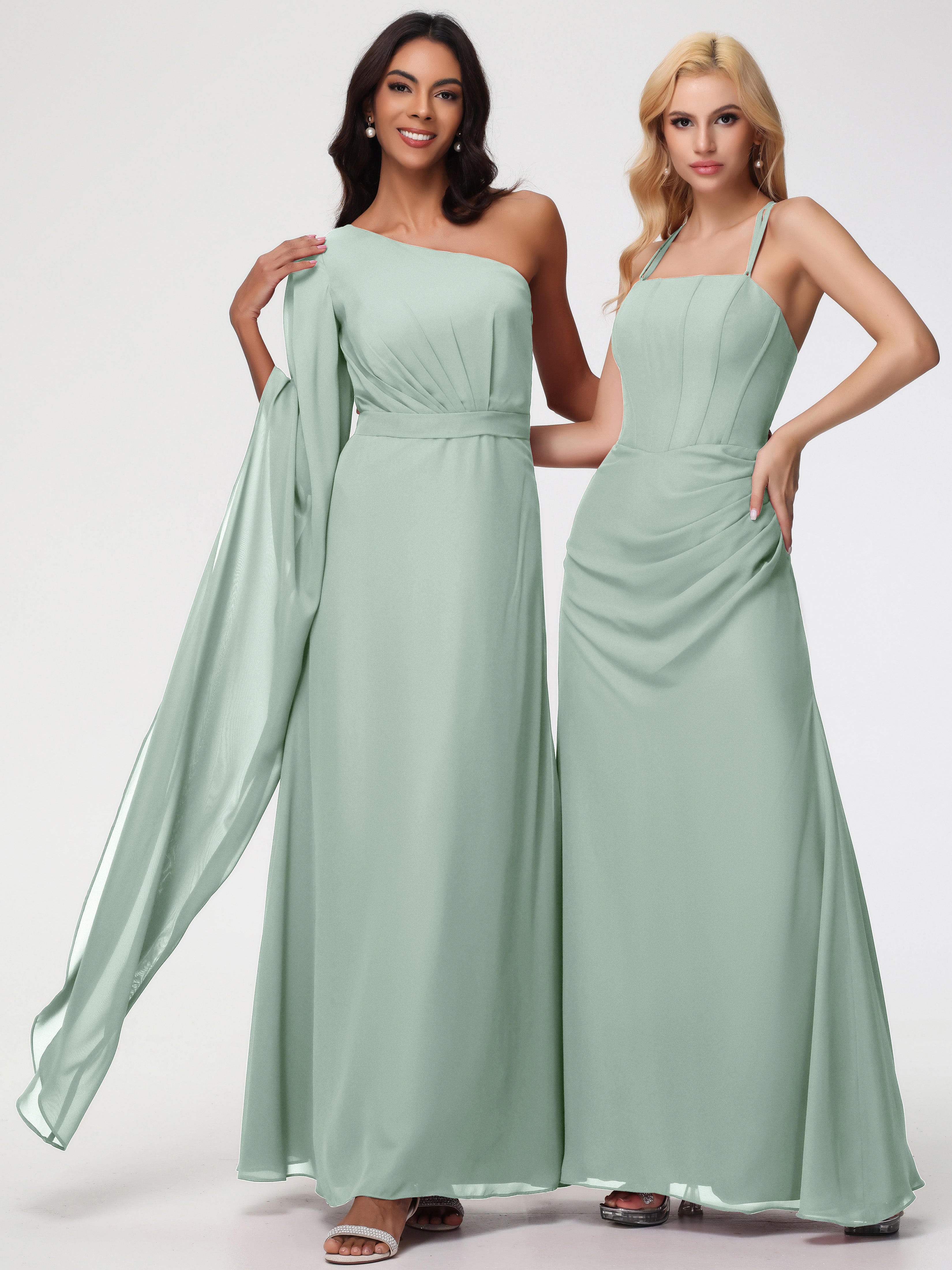 One Shoulder A-Line Pleats Floor-Length Chiffon Bridesmaid Dresses