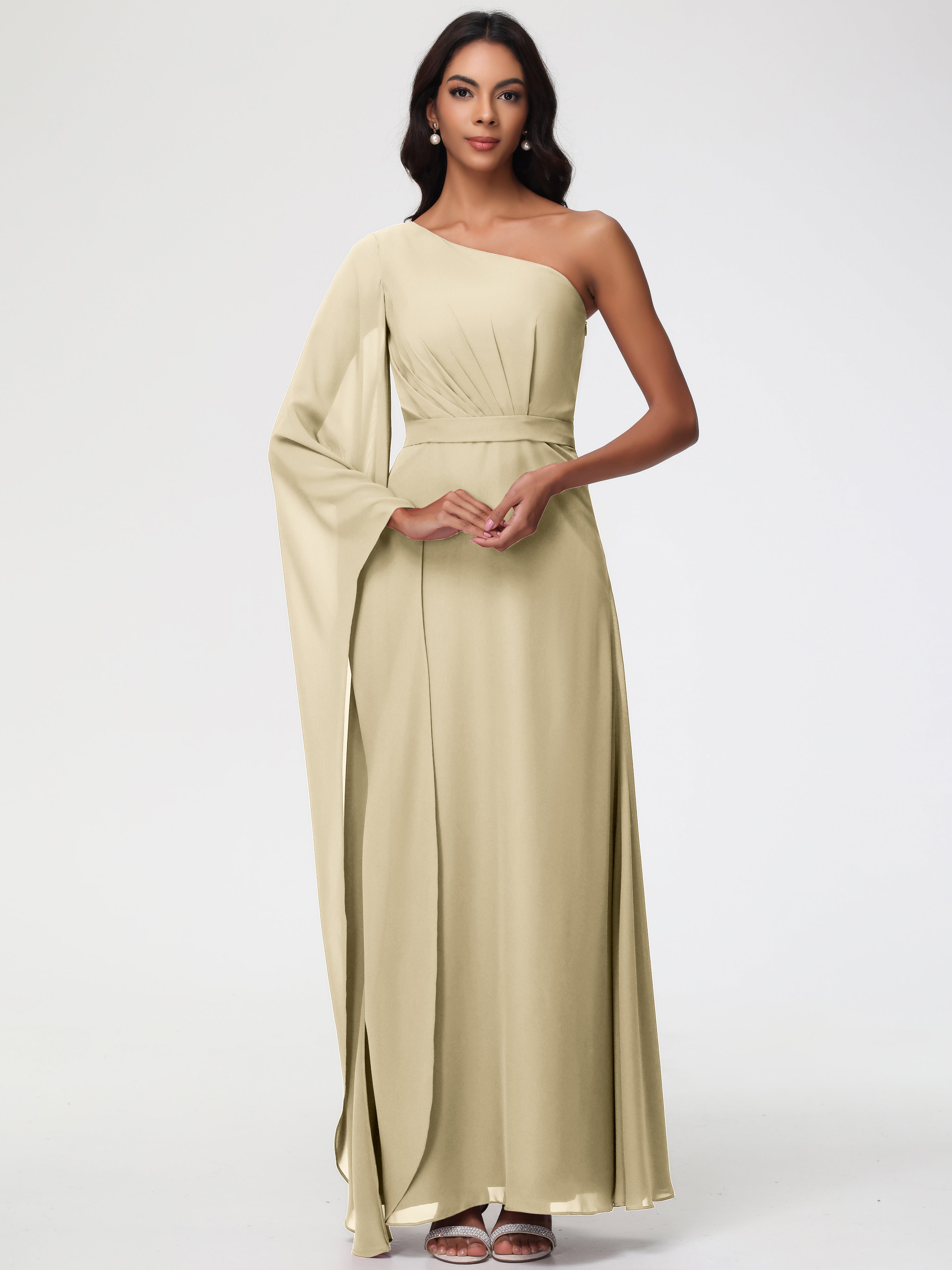 One Shoulder A-Line Pleats Floor-Length Chiffon Bridesmaid Dresses