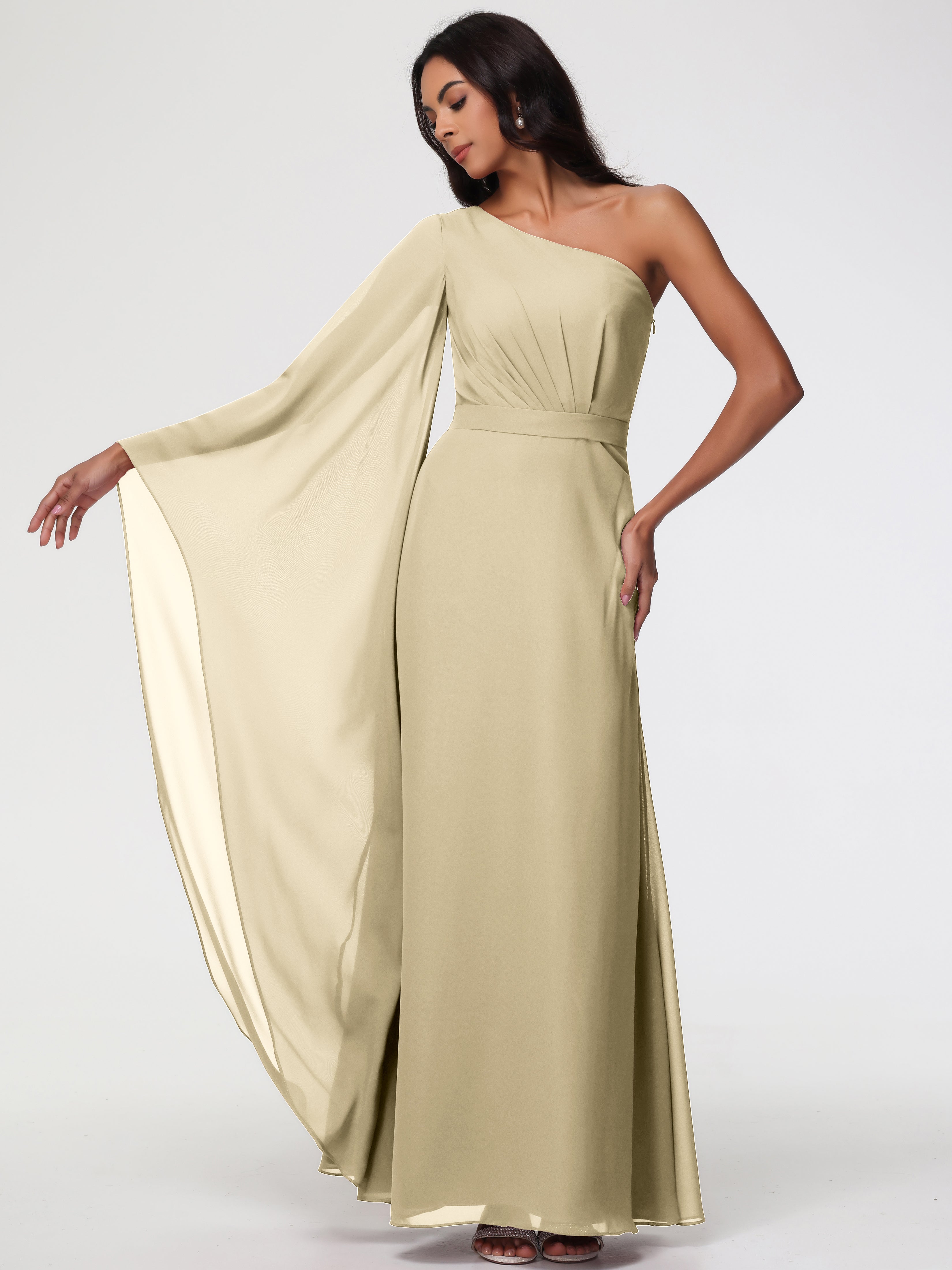 One Shoulder A-Line Pleats Floor-Length Chiffon Bridesmaid Dresses