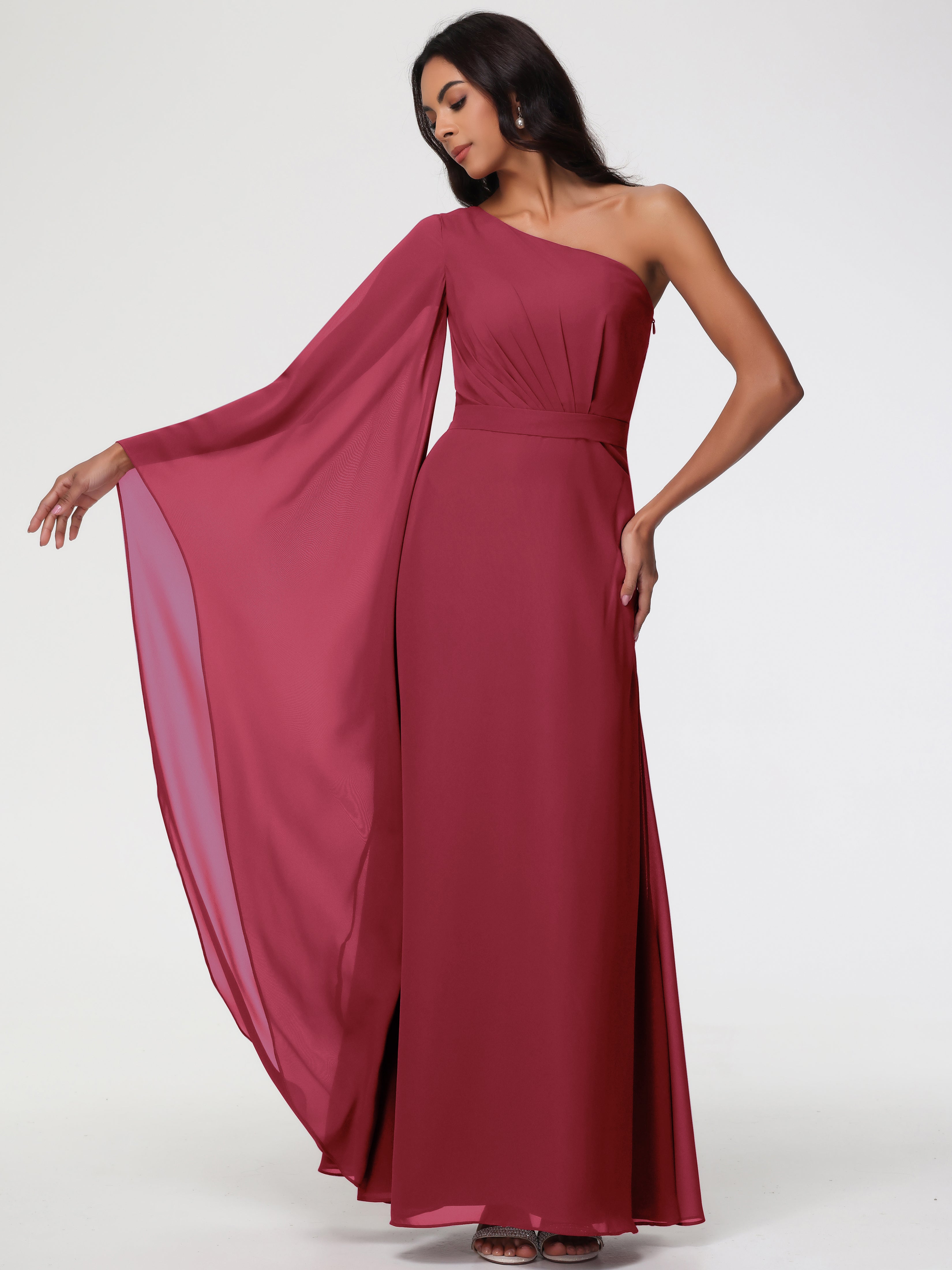 One Shoulder A-Line Pleats Floor-Length Chiffon Bridesmaid Dresses