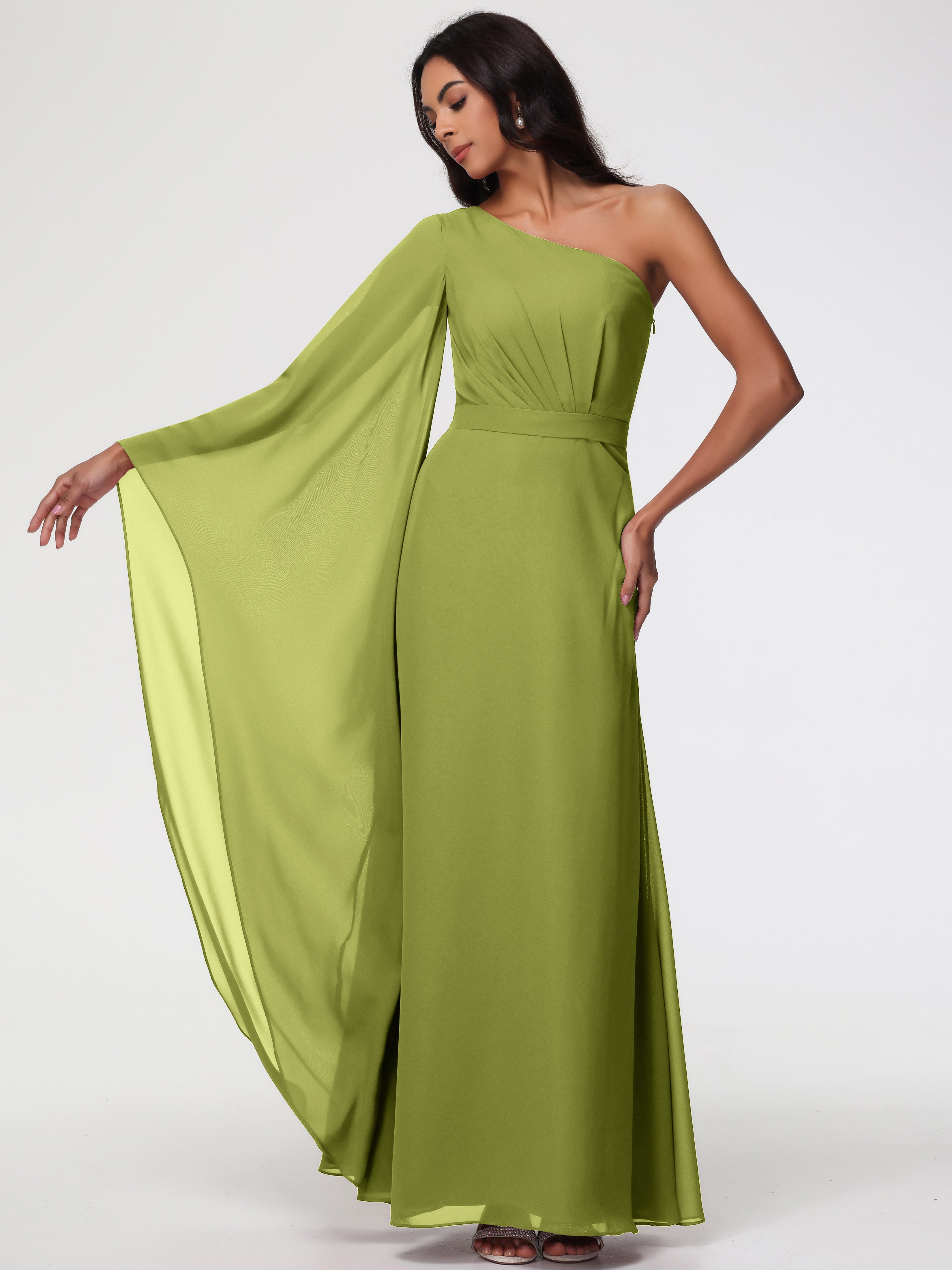 One Shoulder A-Line Pleats Floor-Length Chiffon Bridesmaid Dresses