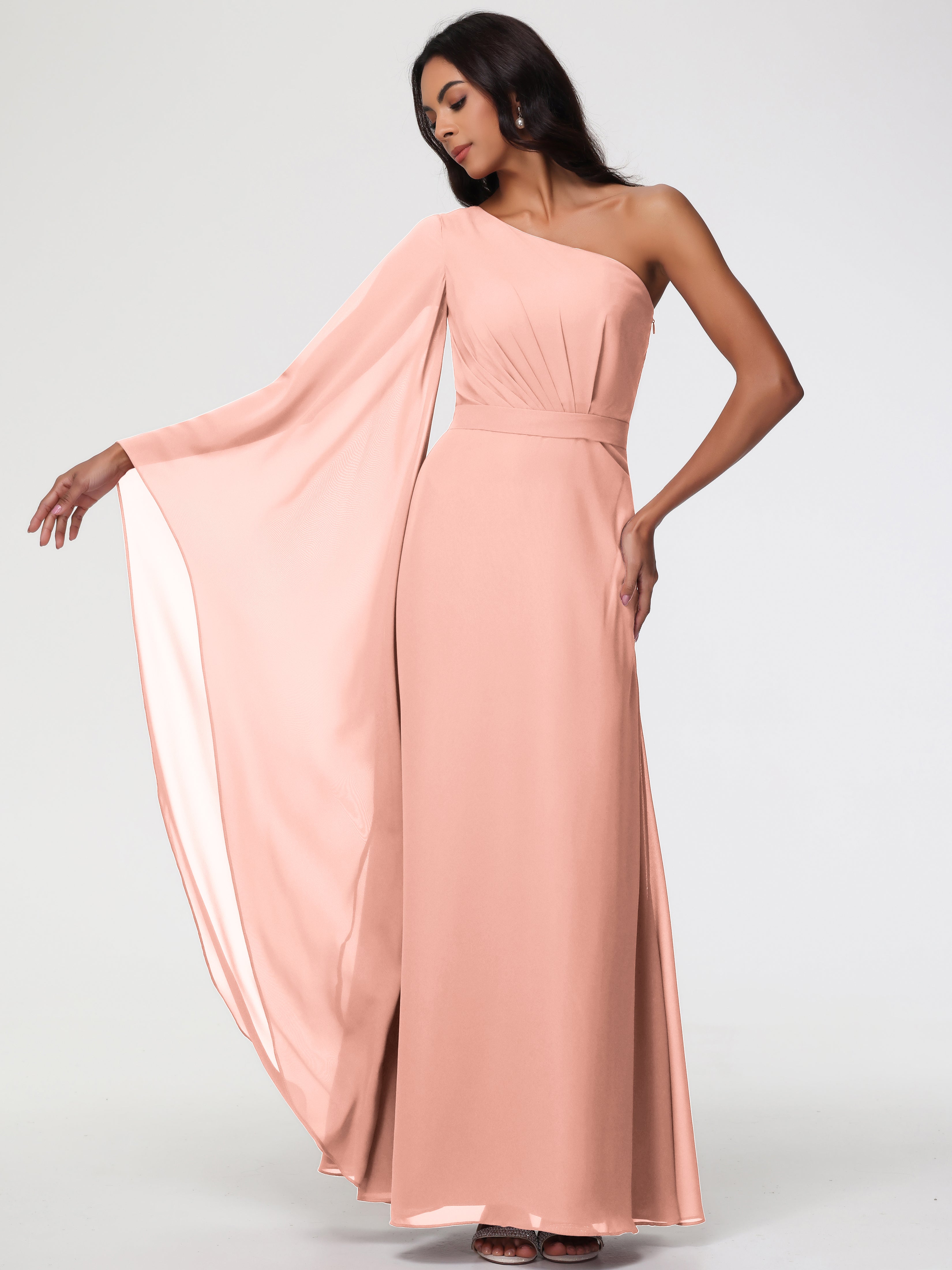 One Shoulder A-Line Pleats Floor-Length Chiffon Bridesmaid Dresses
