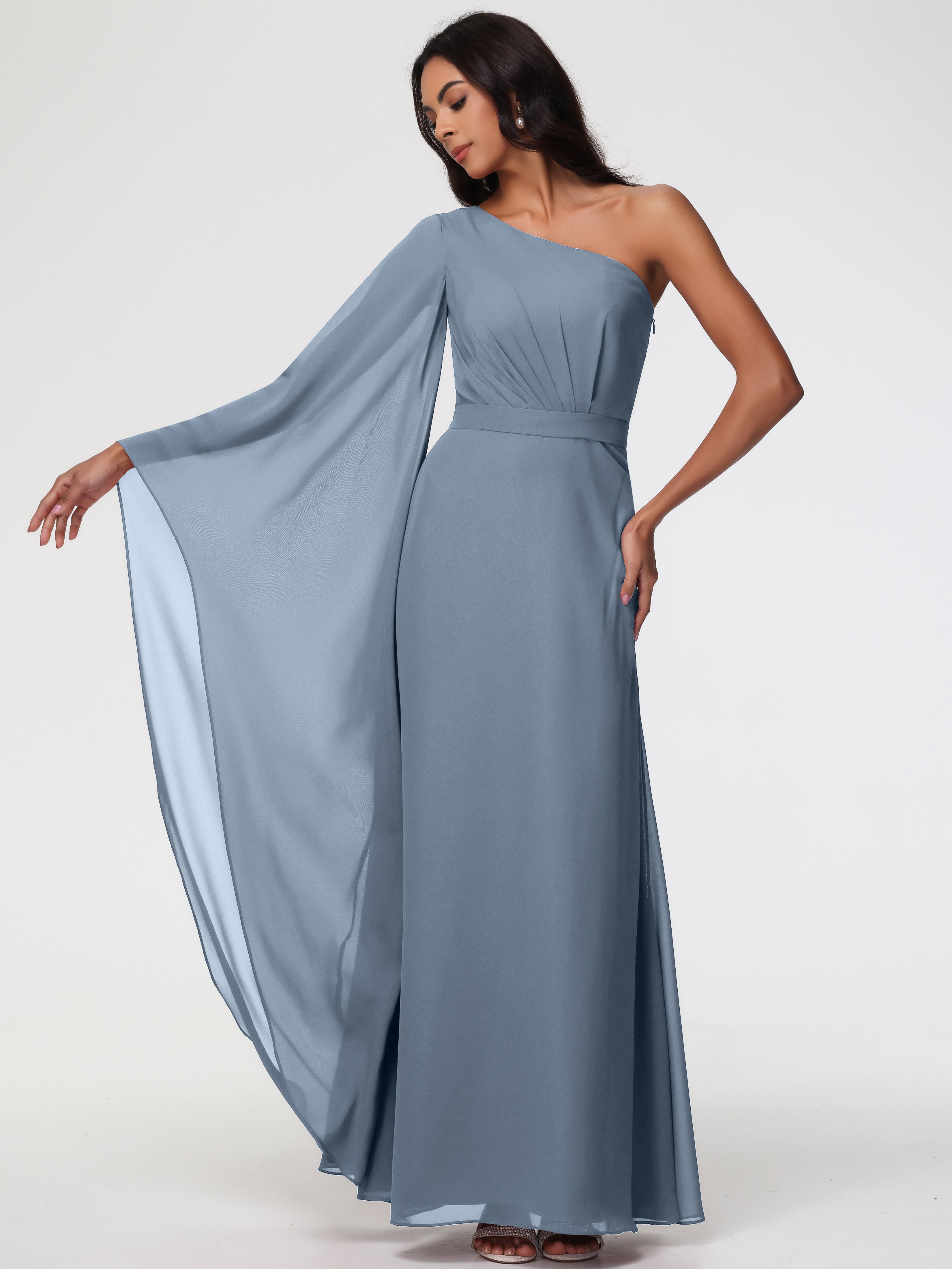 One Shoulder A-Line Pleats Floor-Length Chiffon Bridesmaid Dresses