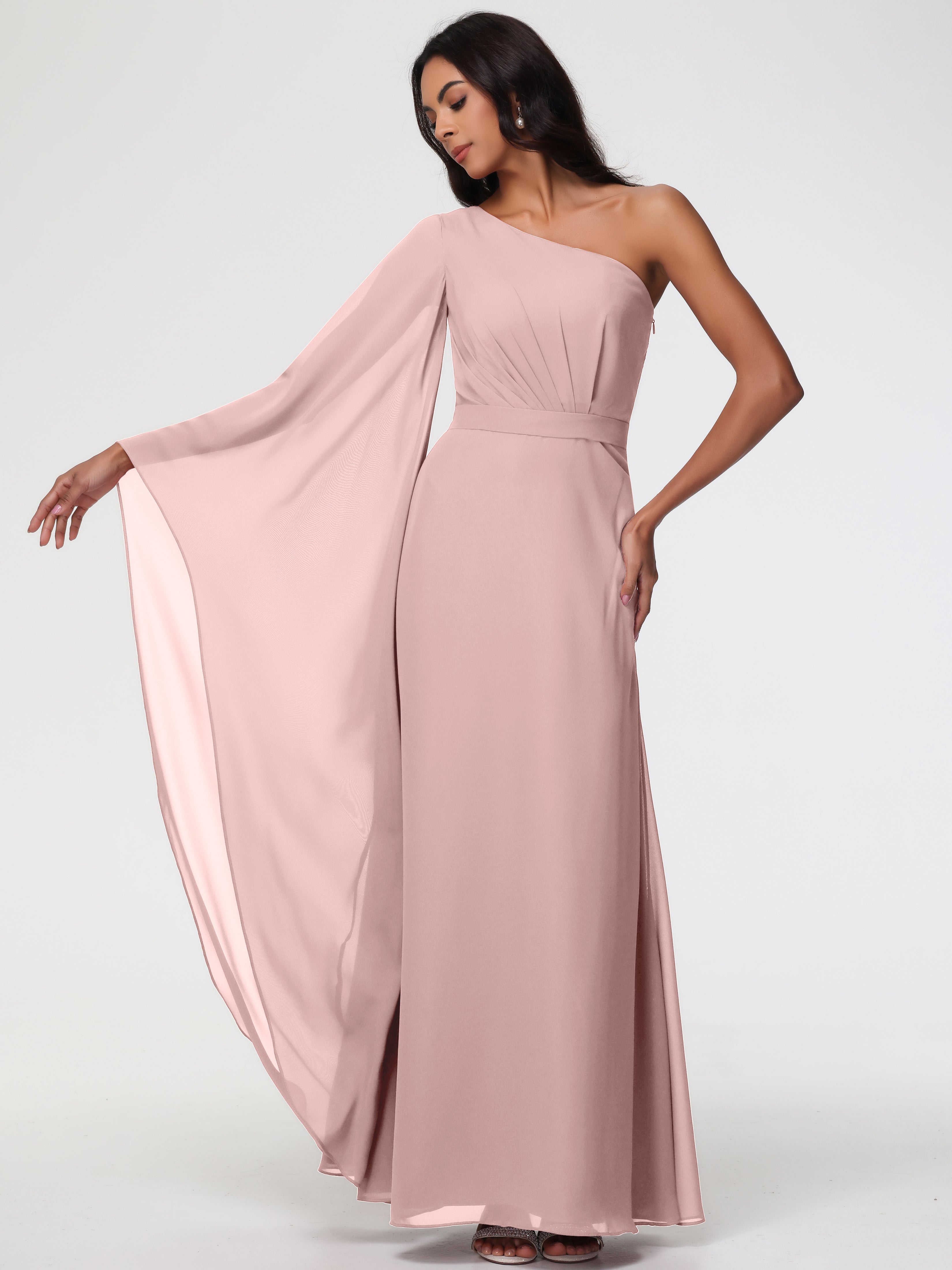One Shoulder A-Line Pleats Floor-Length Chiffon Bridesmaid Dresses